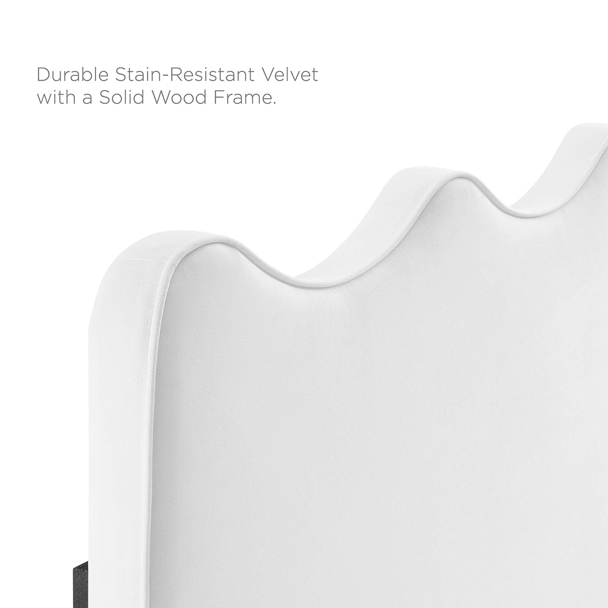 Queen Size Onyxia Platform Bed in White Velvet Sleek Channel Tufted Headboard