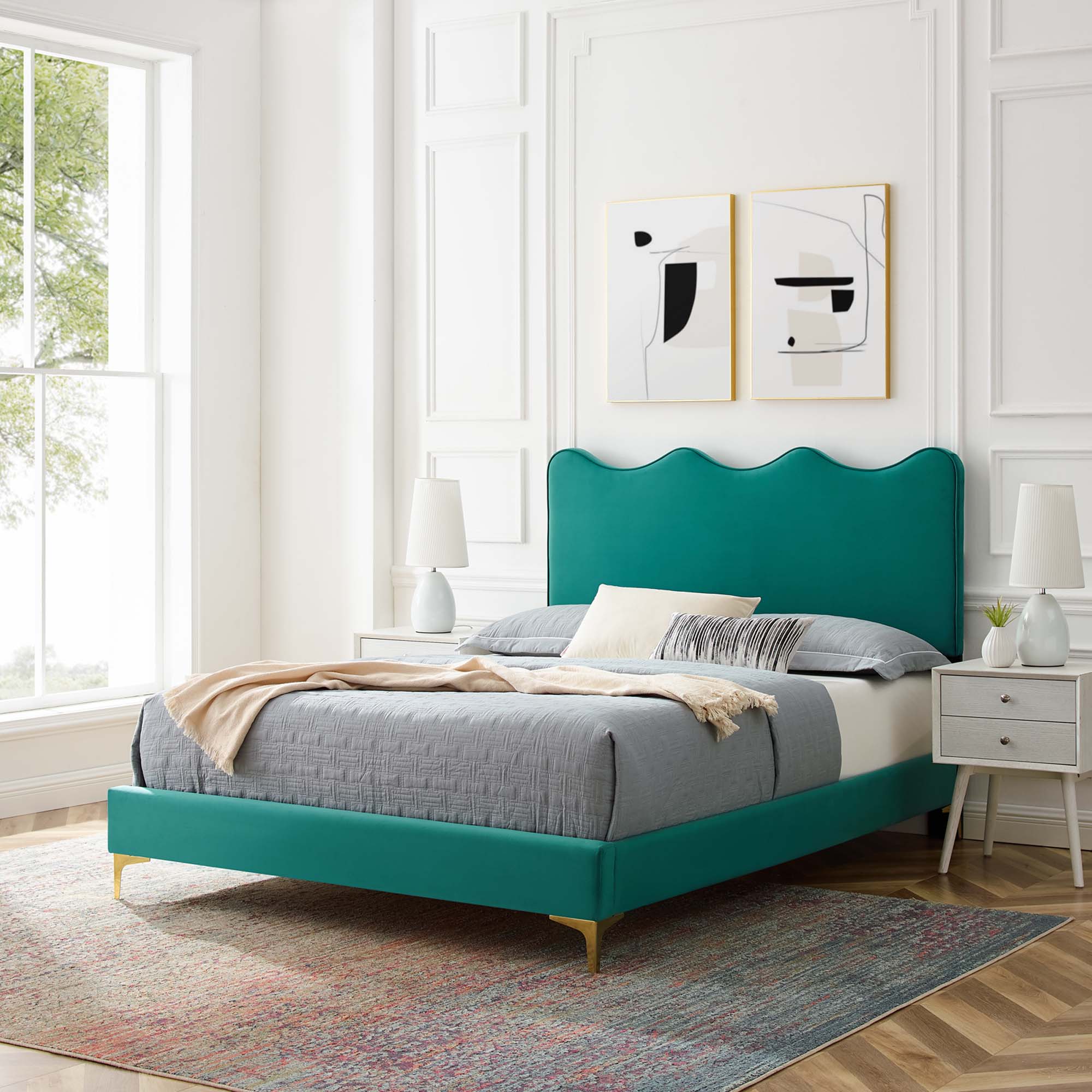Frisia King Platform Bed in Teal Velvet – Sleek Modern Bedroom Furniture