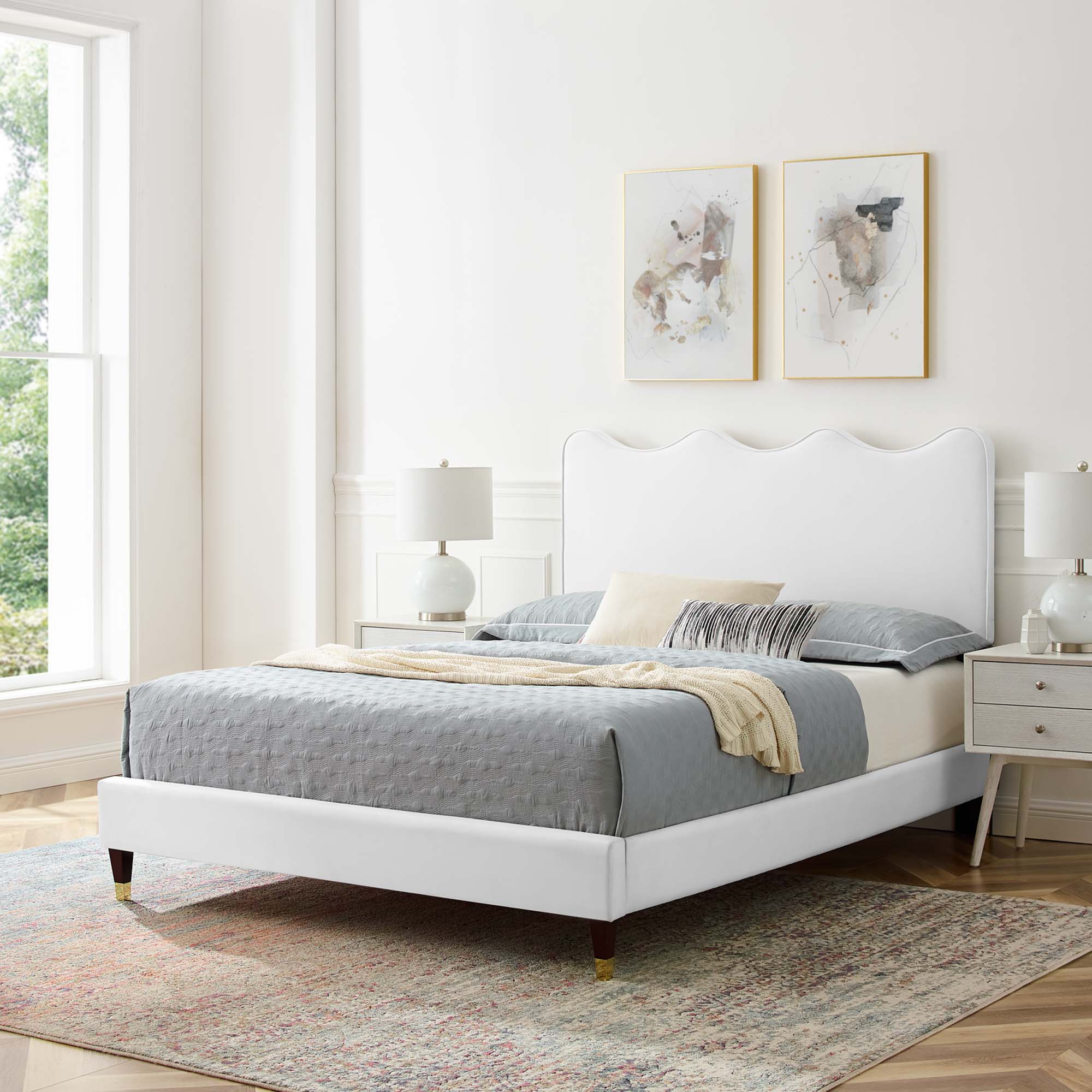 Kralis King Platform Bed – White Performance Velvet, Low Profile