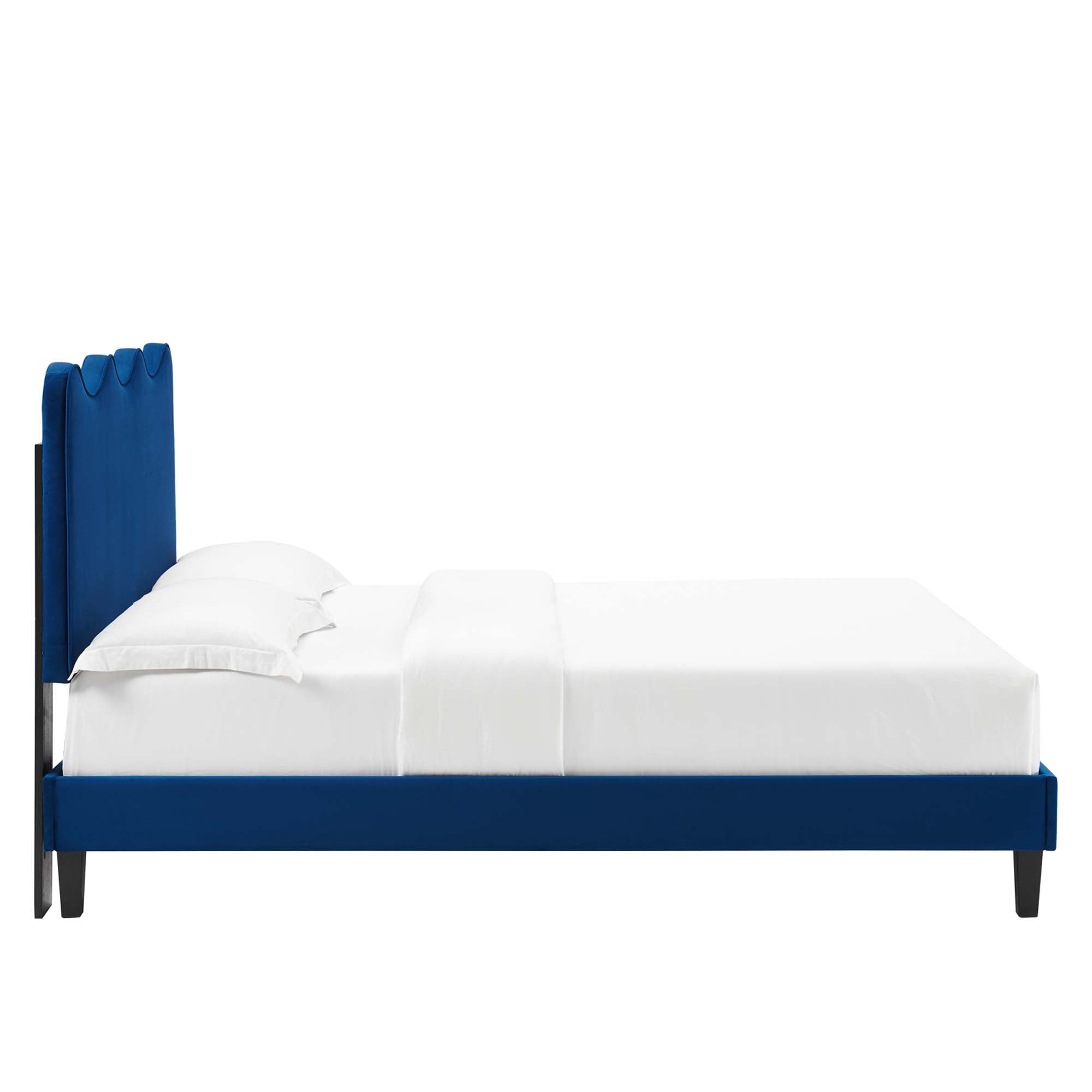King Praith Navy Velvet Platform Bed – Modern Design, Tufted Upholstery