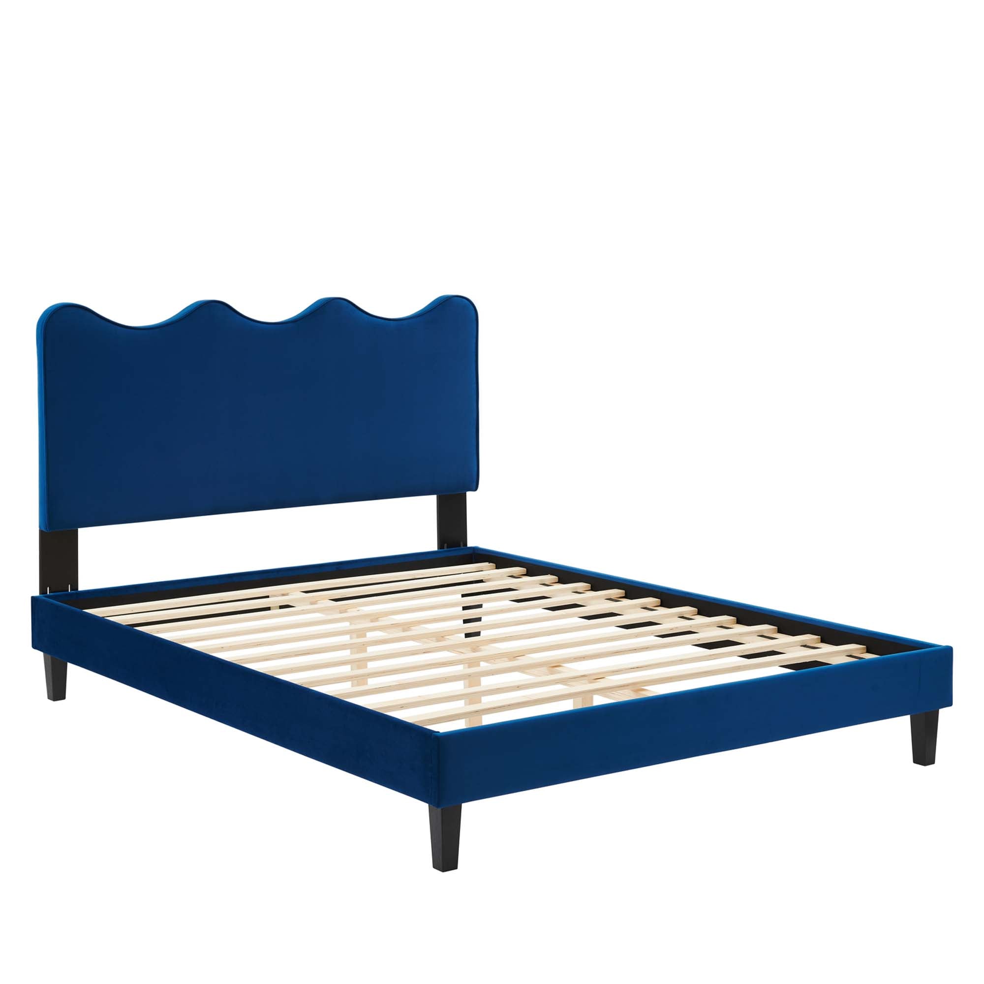 King Praith Navy Velvet Platform Bed – Modern Design, Tufted Upholstery