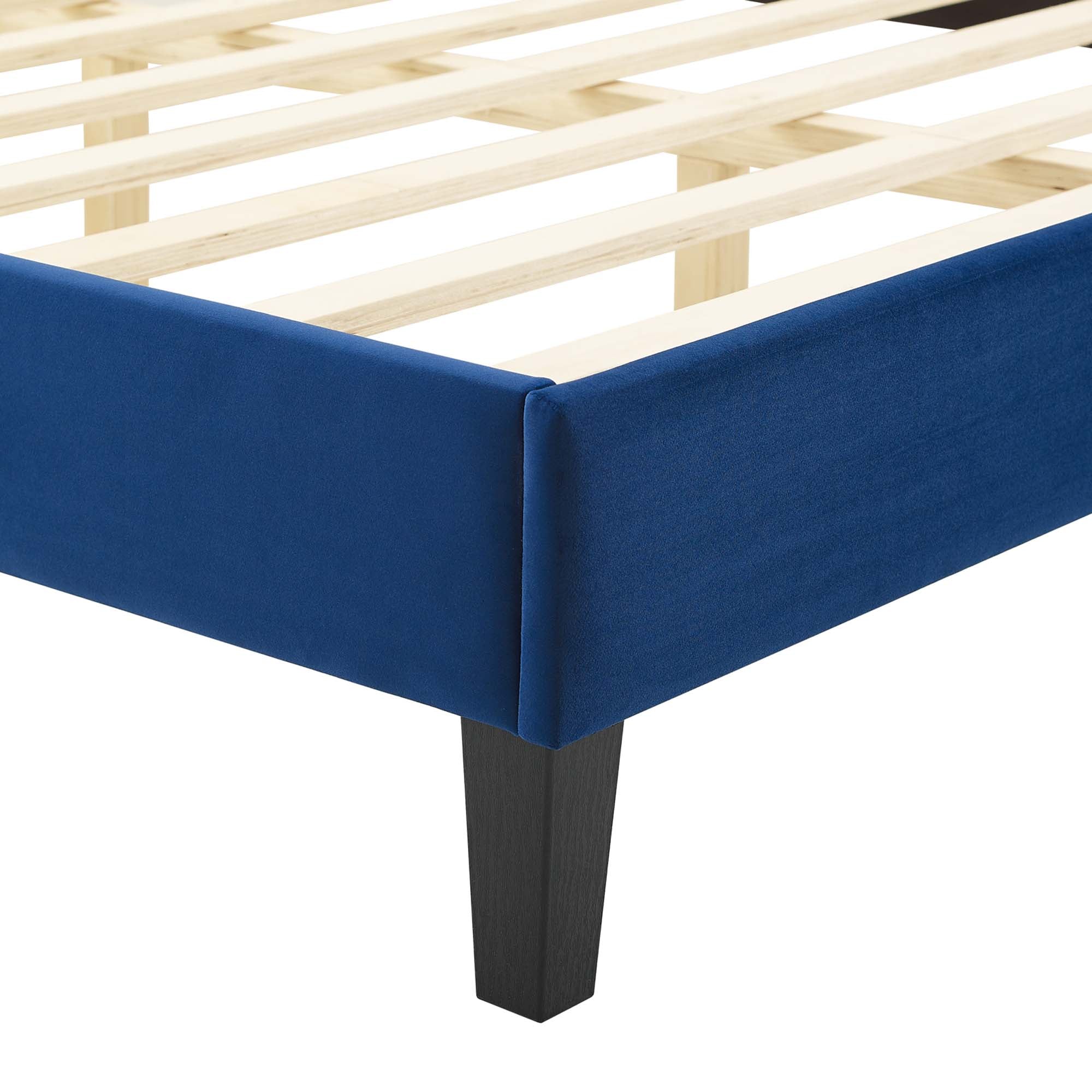 King Praith Navy Velvet Platform Bed – Modern Design, Tufted Upholstery