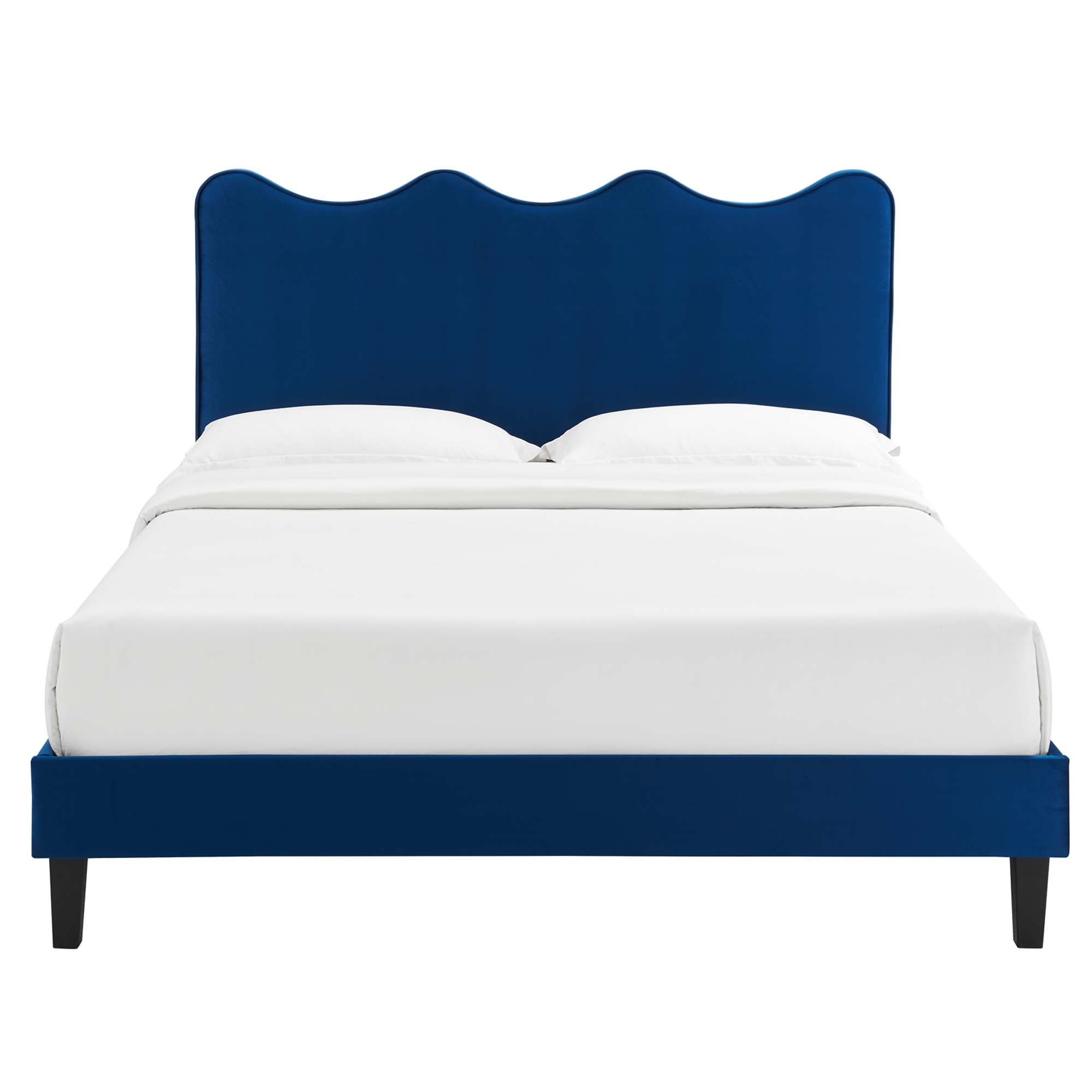 King Praith Navy Velvet Platform Bed – Modern Design, Tufted Upholstery