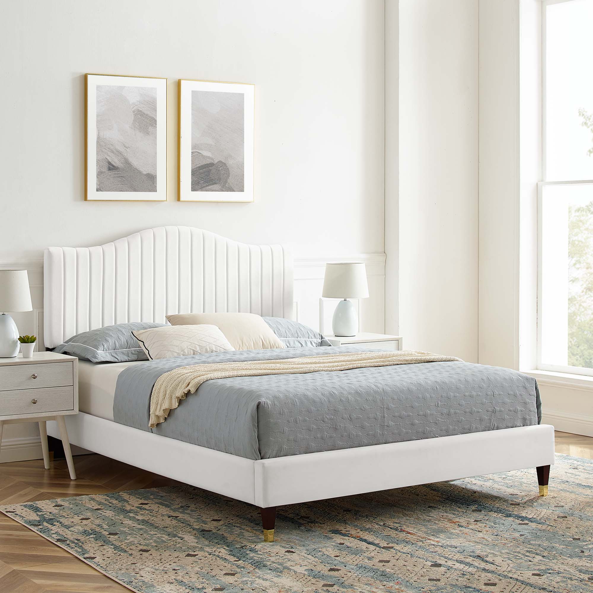 Zoslyn Queen Performance Velvet Platform Bed – White Channel Tufted Headboard
