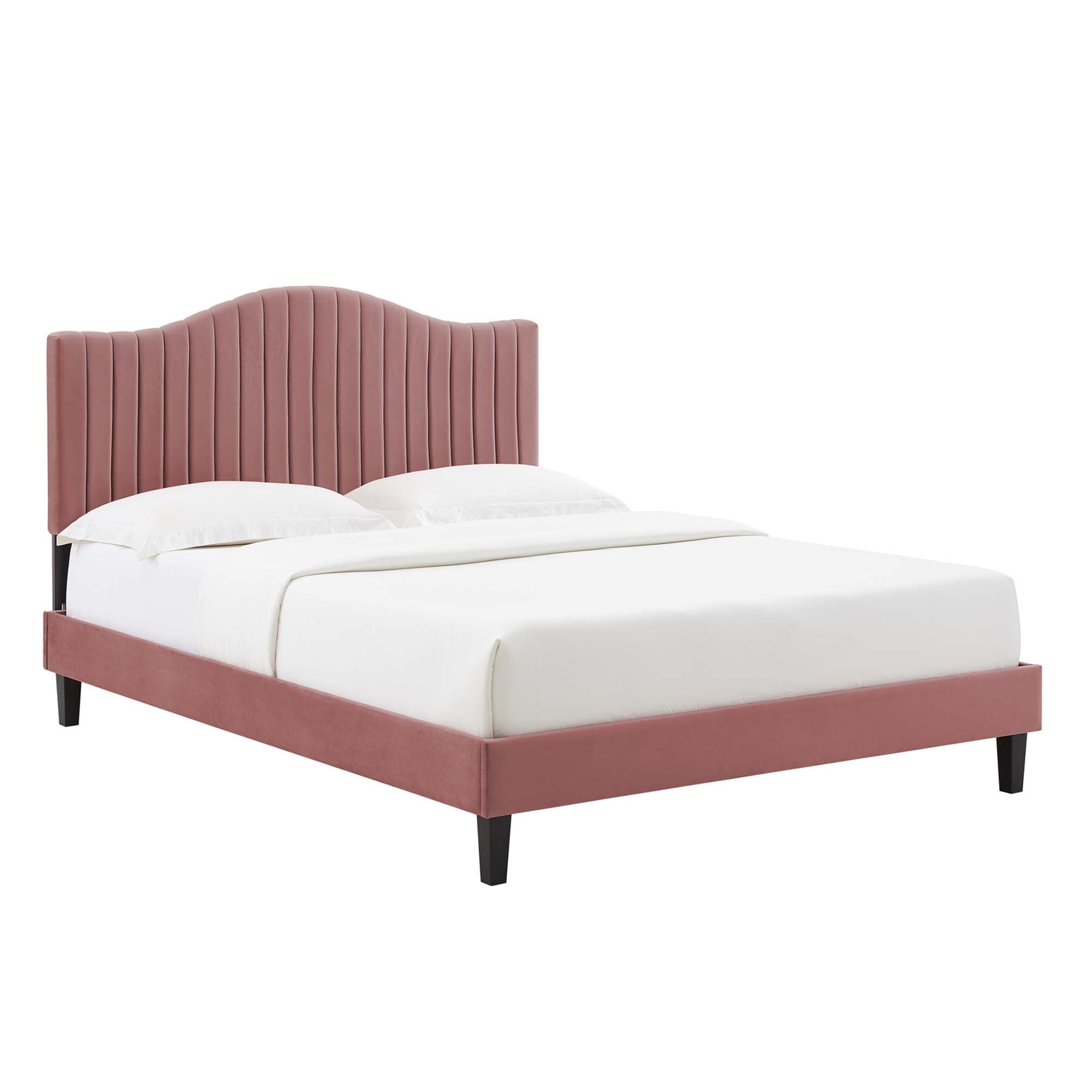 Queen Derlyn Velvet Platform Bed Frame – Channel Tufted Dusty Rose Upholstery