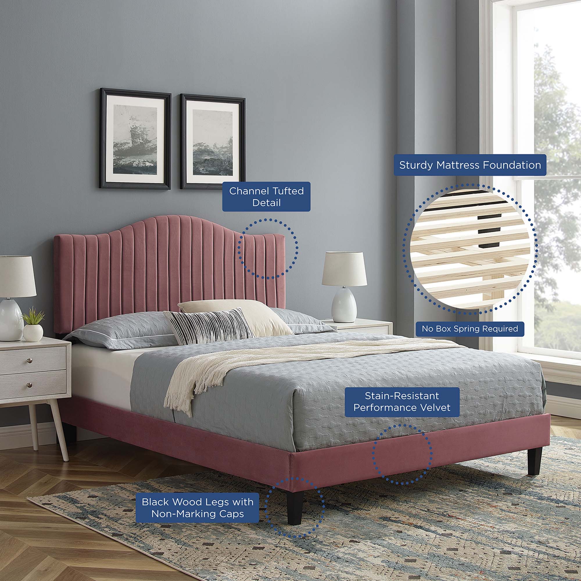 Queen Derlyn Velvet Platform Bed Frame – Channel Tufted Dusty Rose Upholstery