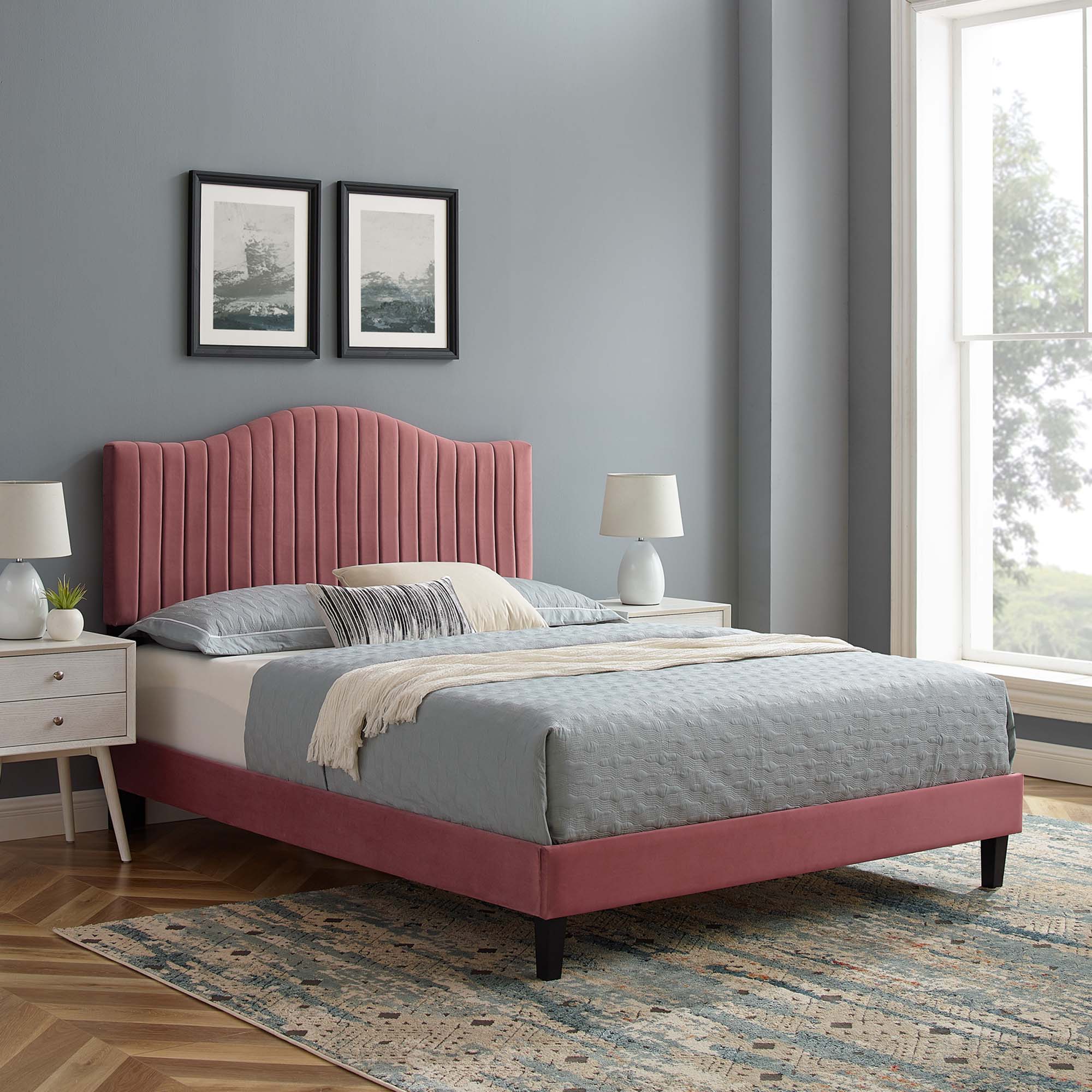 Queen Derlyn Velvet Platform Bed Frame – Channel Tufted Dusty Rose Upholstery