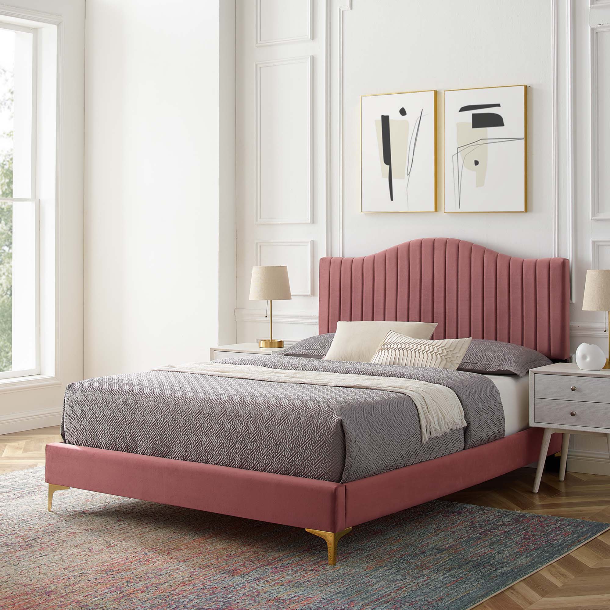 Twin Performance Velvet Unwin Platform Bed – Channel Tufted with Gold Legs