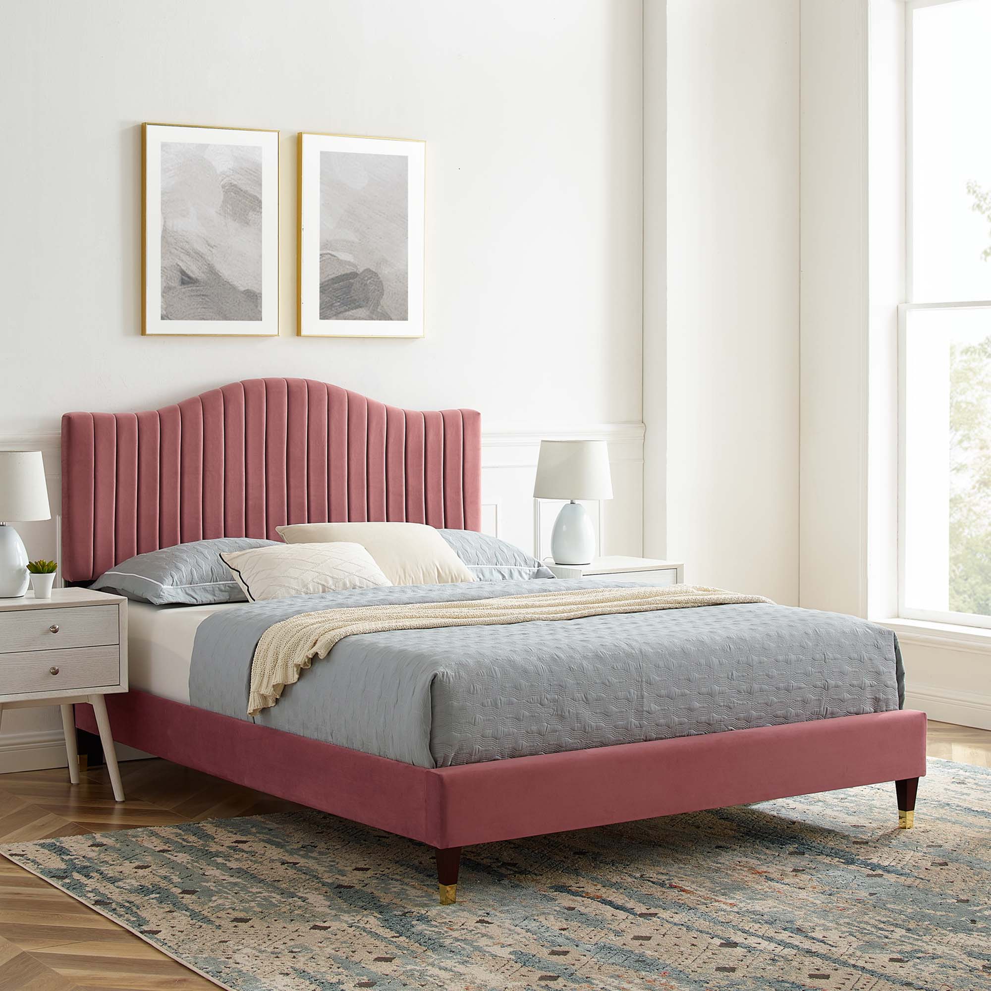 Xymera Twin Platform Bed Frame – Dusty Rose Channel Tufted Performance Velvet