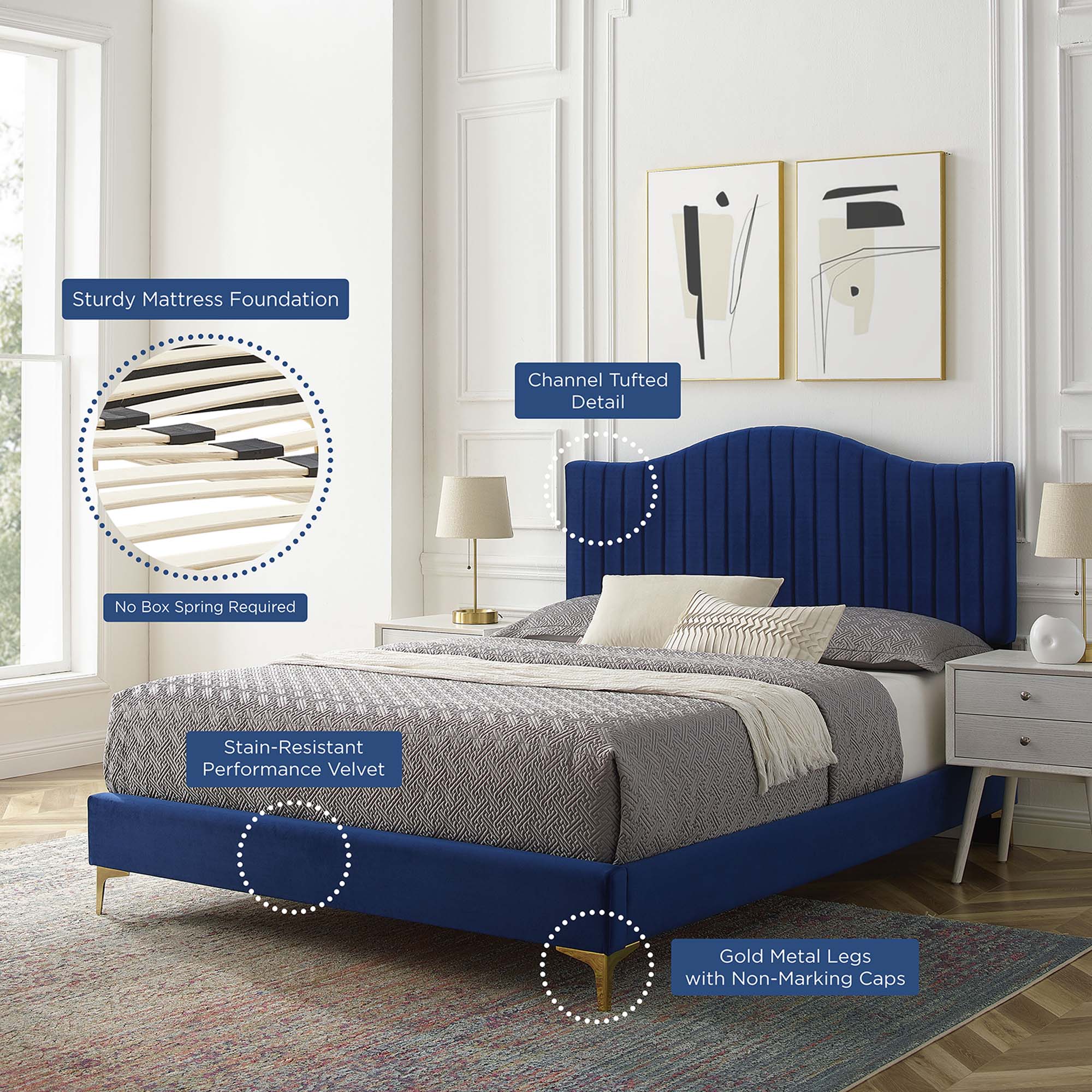 Navy Channel Tufted Wythlin Full Platform Bed – Performance Velvet Upholstered