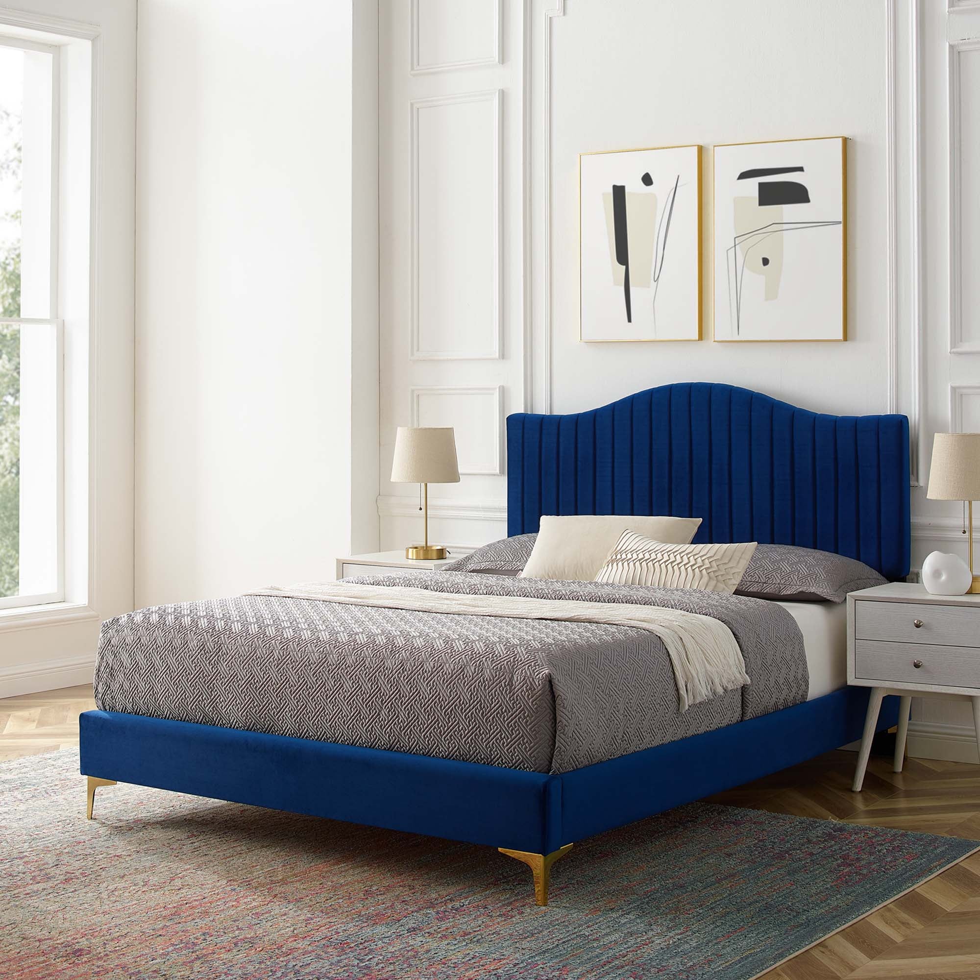 Navy Channel Tufted Wythlin Full Platform Bed – Performance Velvet Upholstered