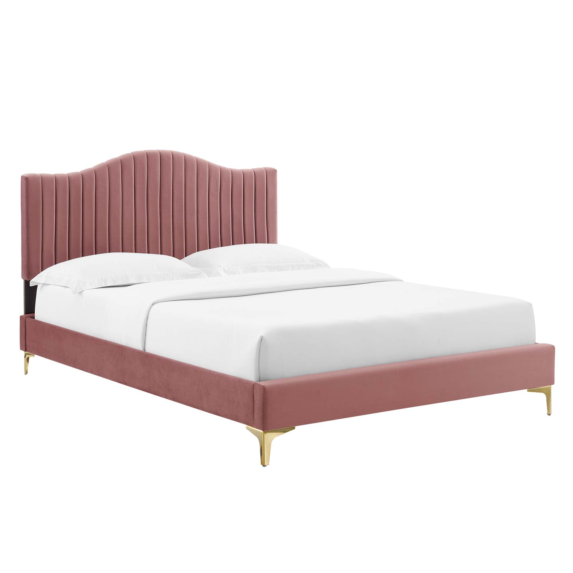 Valis Queen Navy Performance Velvet Platform Bed – Channel Tufted Curved Headboard
