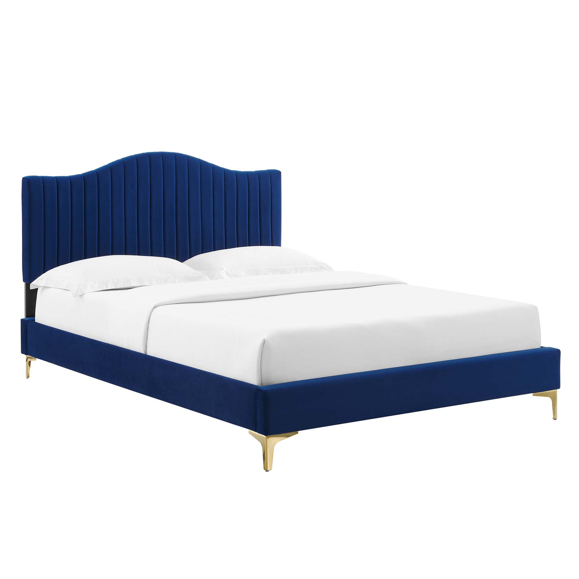 Valis Queen Navy Performance Velvet Platform Bed – Channel Tufted Curved Headboard