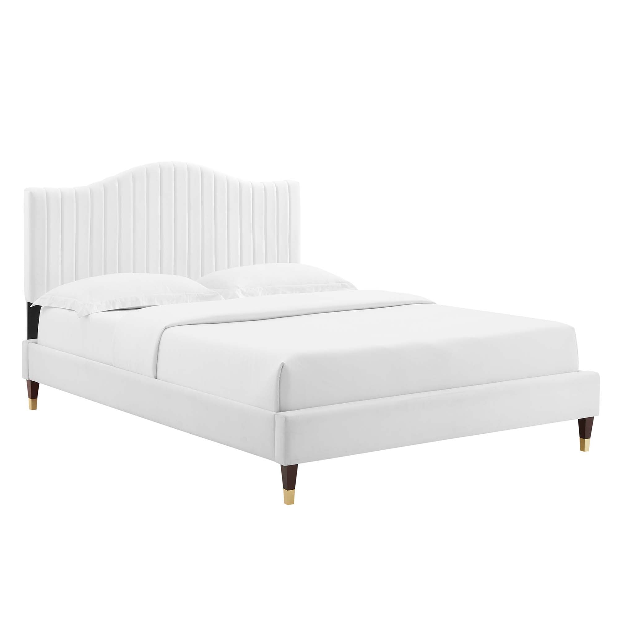 King Yorlin White Performance Velvet Platform Bed – Curved Headboard Channel Tufted