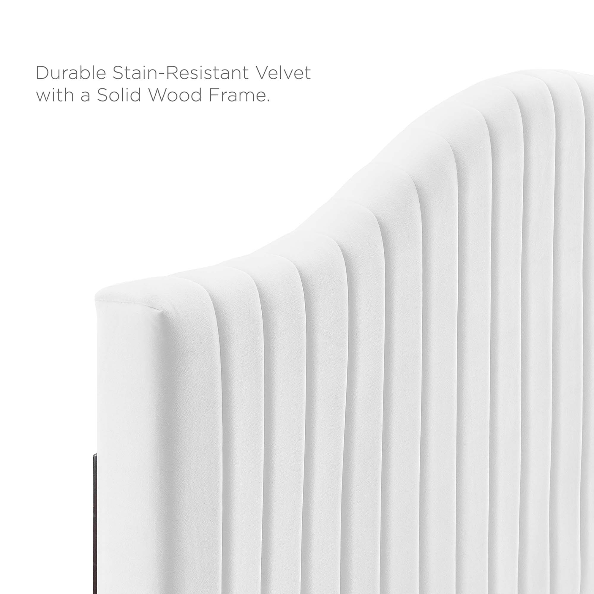 King Yorlin White Performance Velvet Platform Bed – Curved Headboard Channel Tufted
