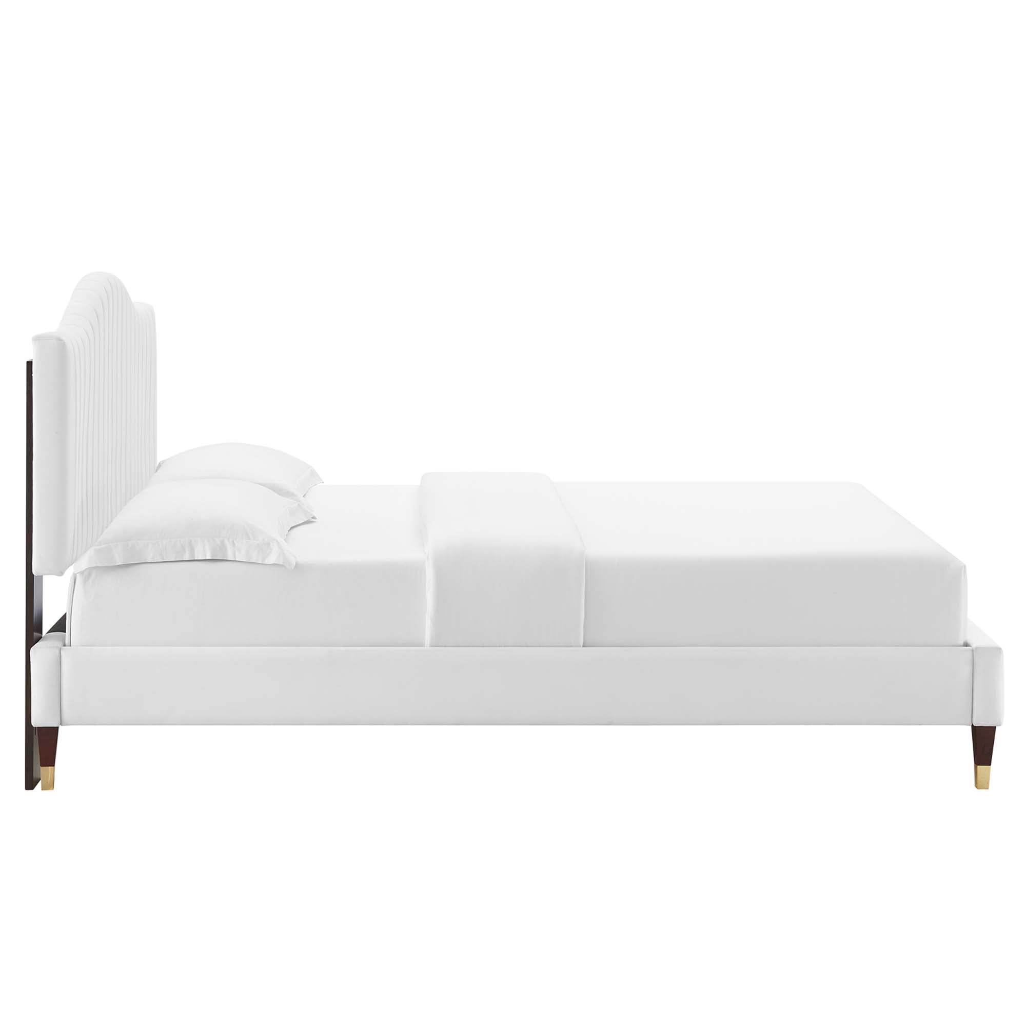 King Yorlin White Performance Velvet Platform Bed – Curved Headboard Channel Tufted