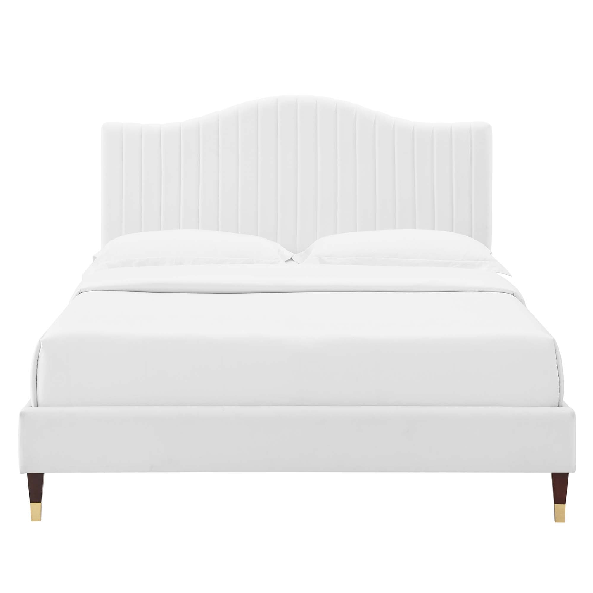 King Yorlin White Performance Velvet Platform Bed – Curved Headboard Channel Tufted