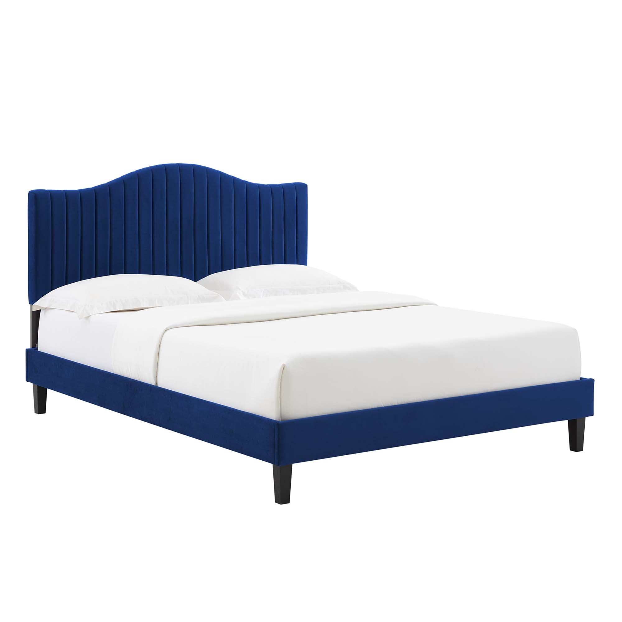 Calden Performance Velvet King Platform Bed – Navy Channel Tufted Headboard