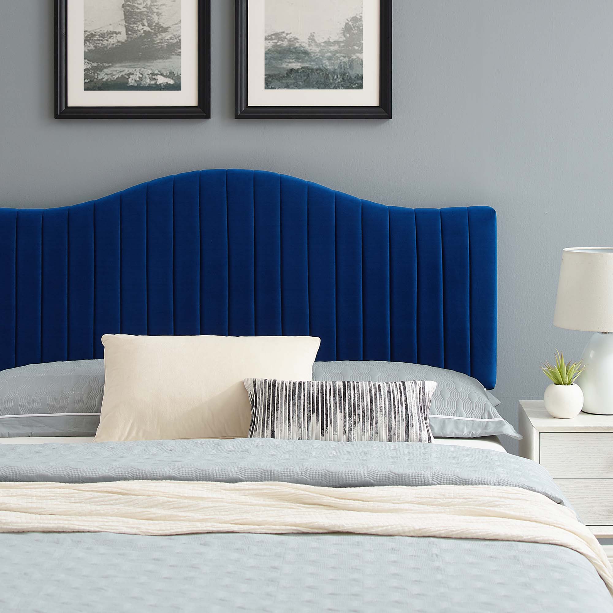 Calden Performance Velvet King Platform Bed – Navy Channel Tufted Headboard