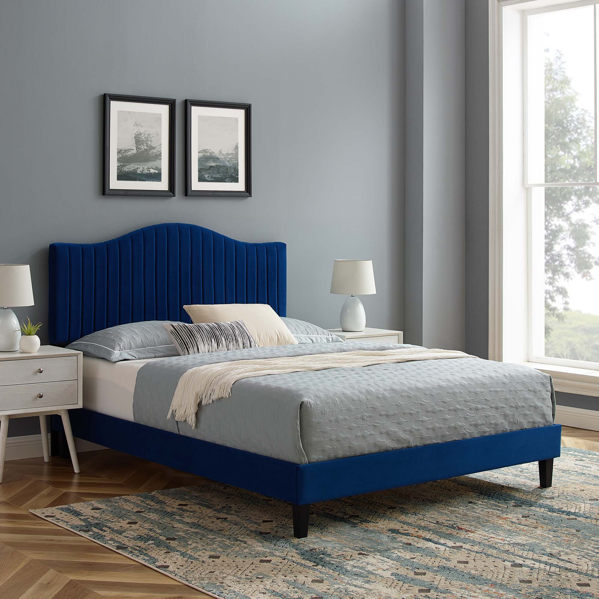 Calden Performance Velvet King Platform Bed – Navy Channel Tufted Headboard