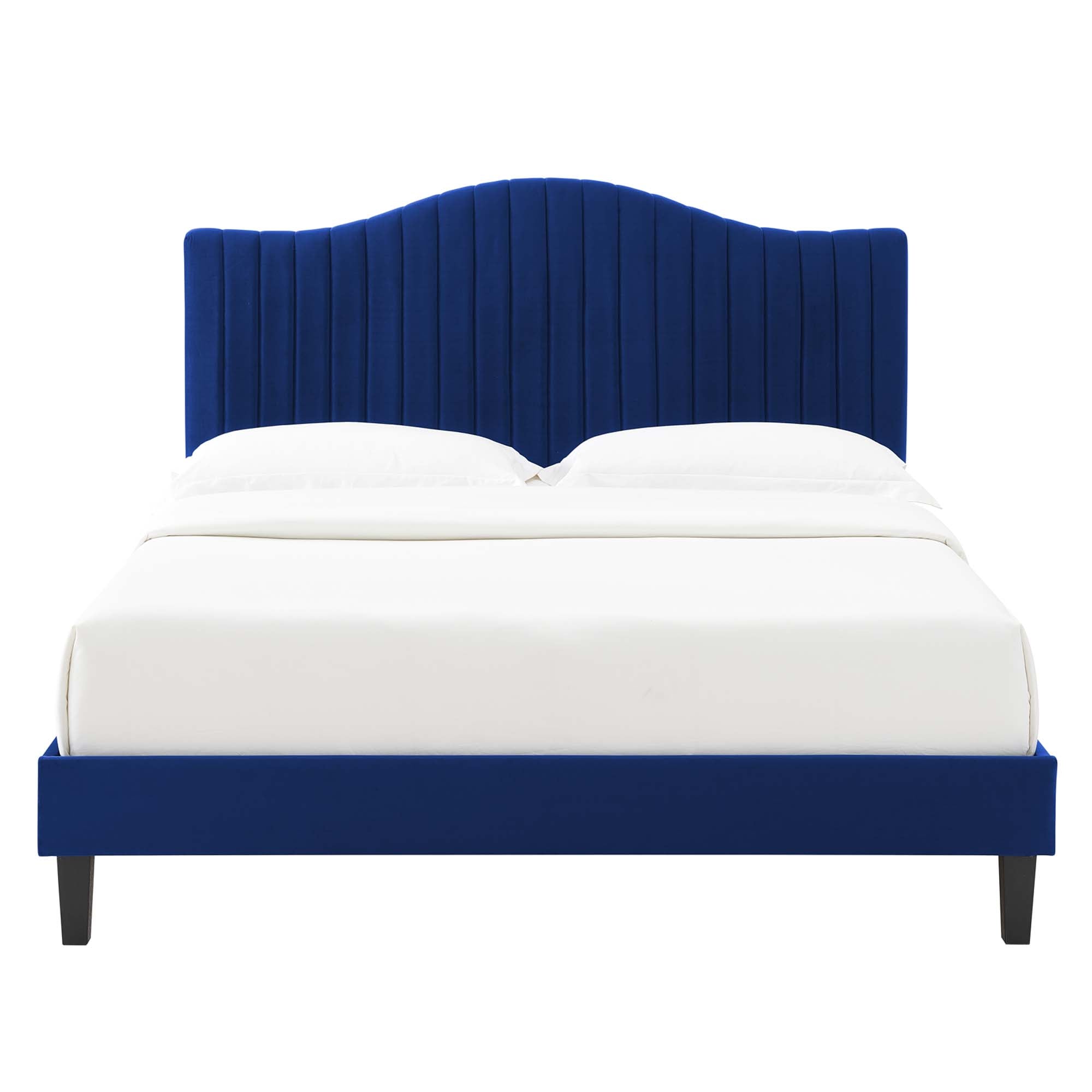 Calden Performance Velvet King Platform Bed Navy Channel Tufted Headboard