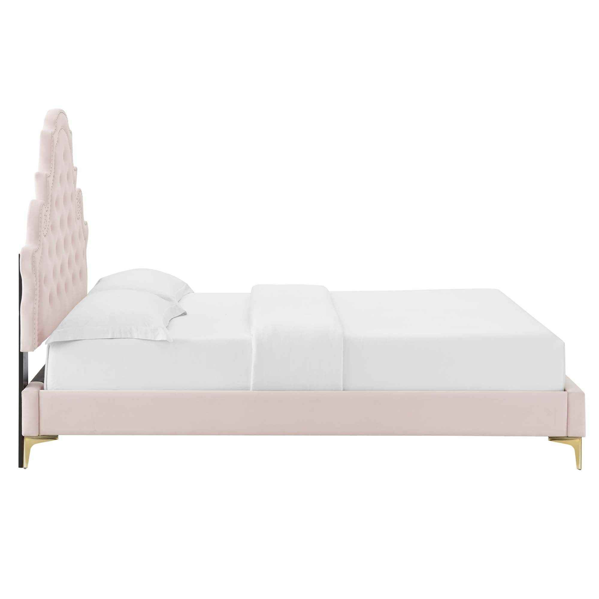 Kyven Queen Performance Velvet Platform Bed Pink Tufted with Gold Metal Base