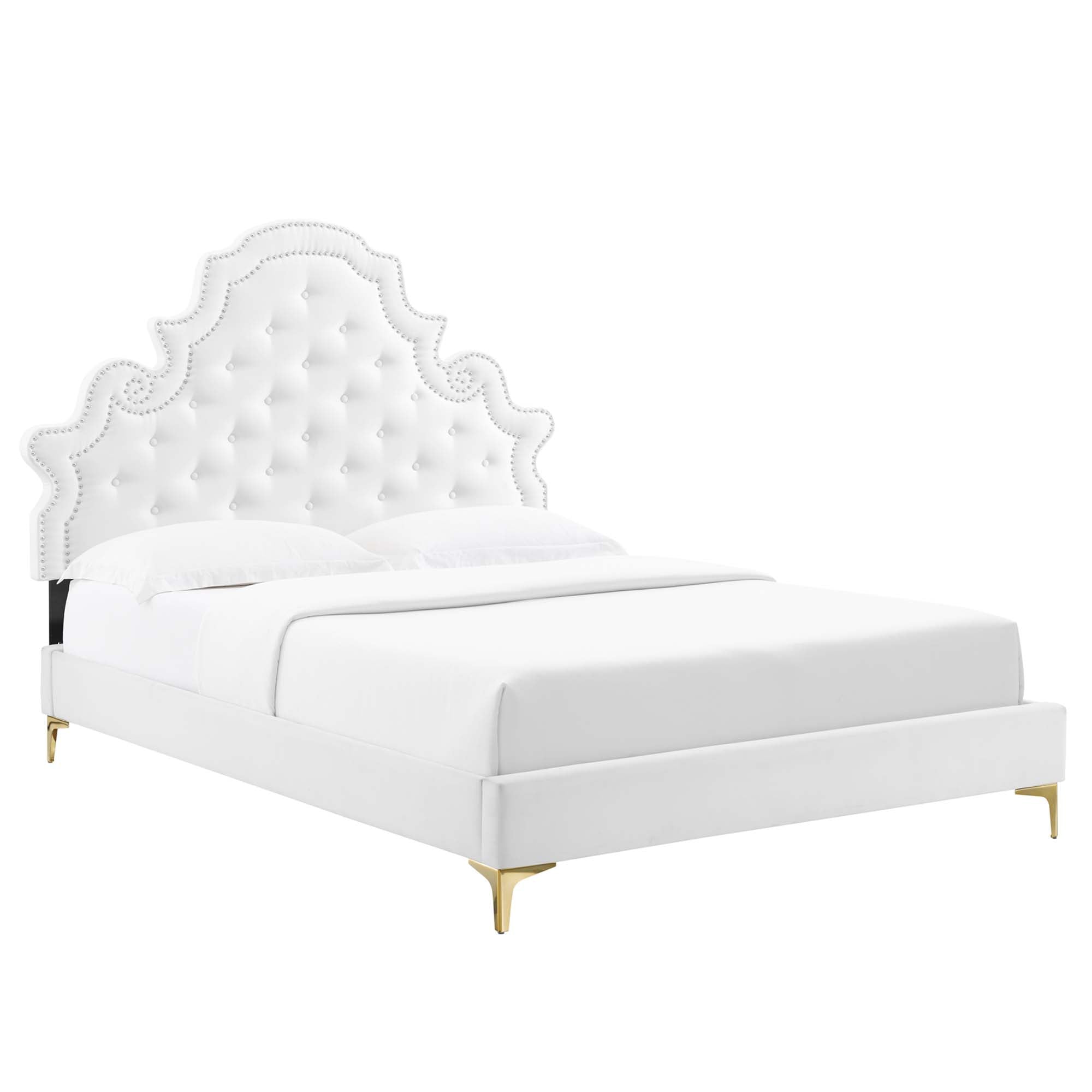 Kyven Queen Performance Velvet Platform Bed – Pink Tufted with Gold Metal Base