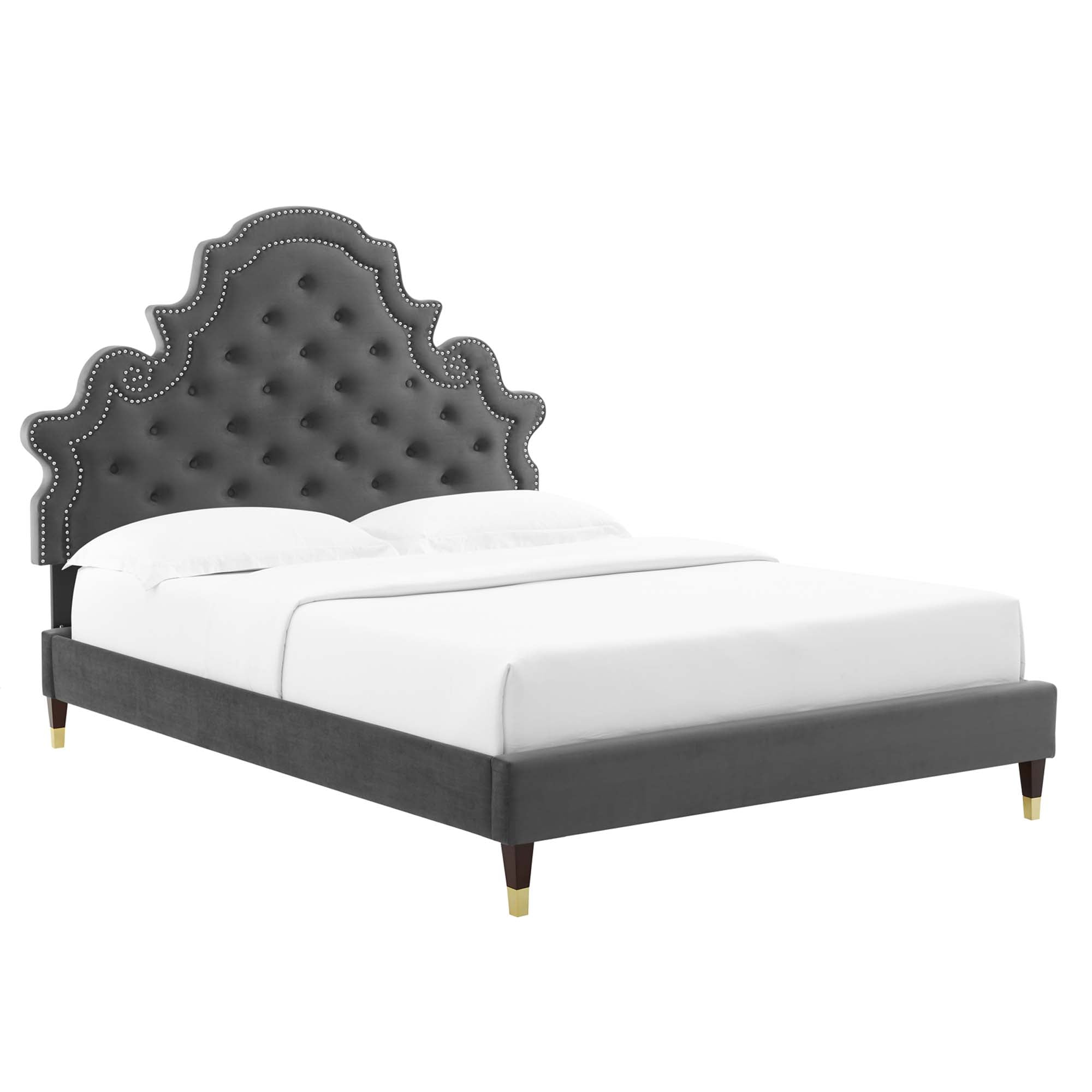 Penryn King Performance Velvet Platform Bed – White Tufted Upholstered with Gold Accents