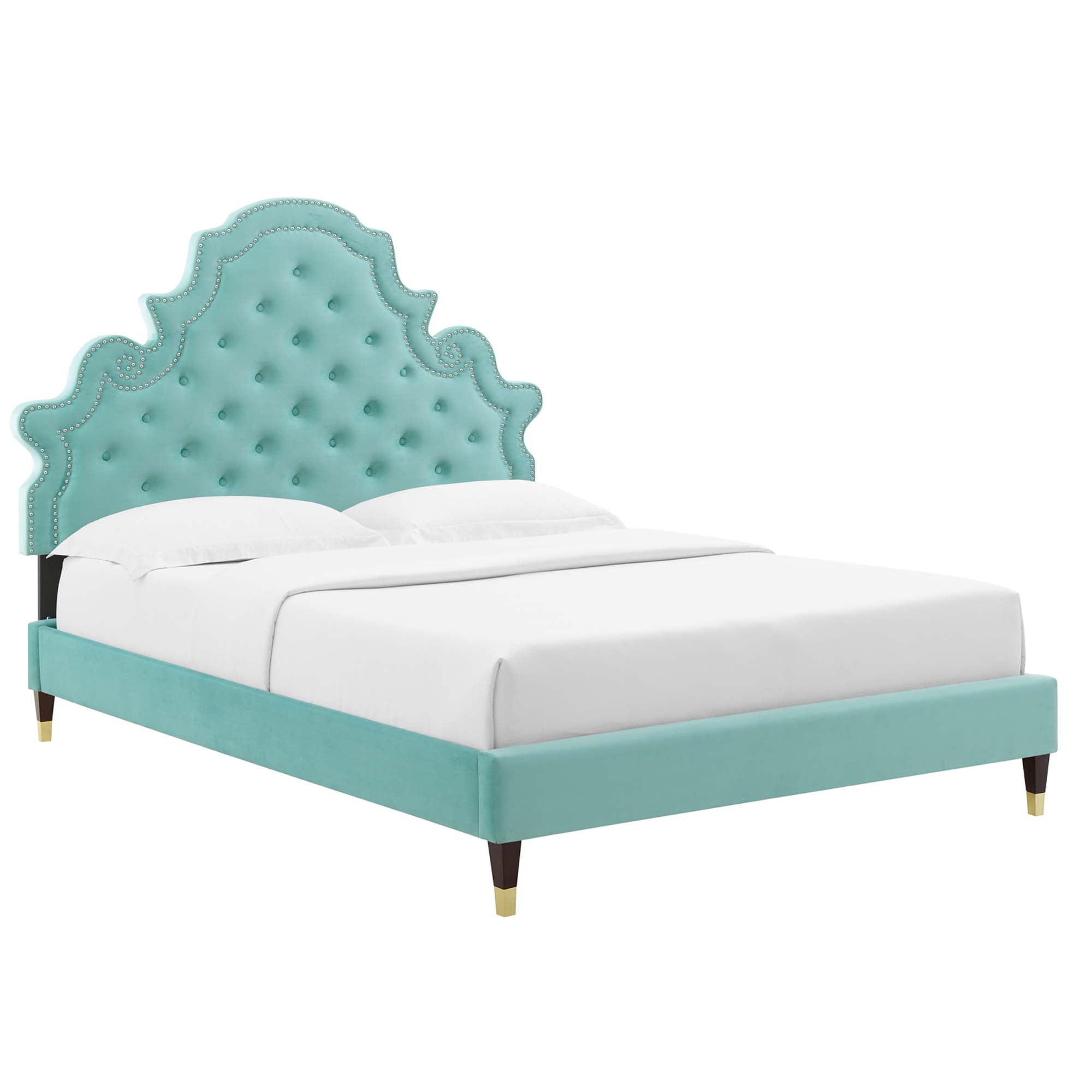 Penryn King Performance Velvet Platform Bed – White Tufted Upholstered with Gold Accents