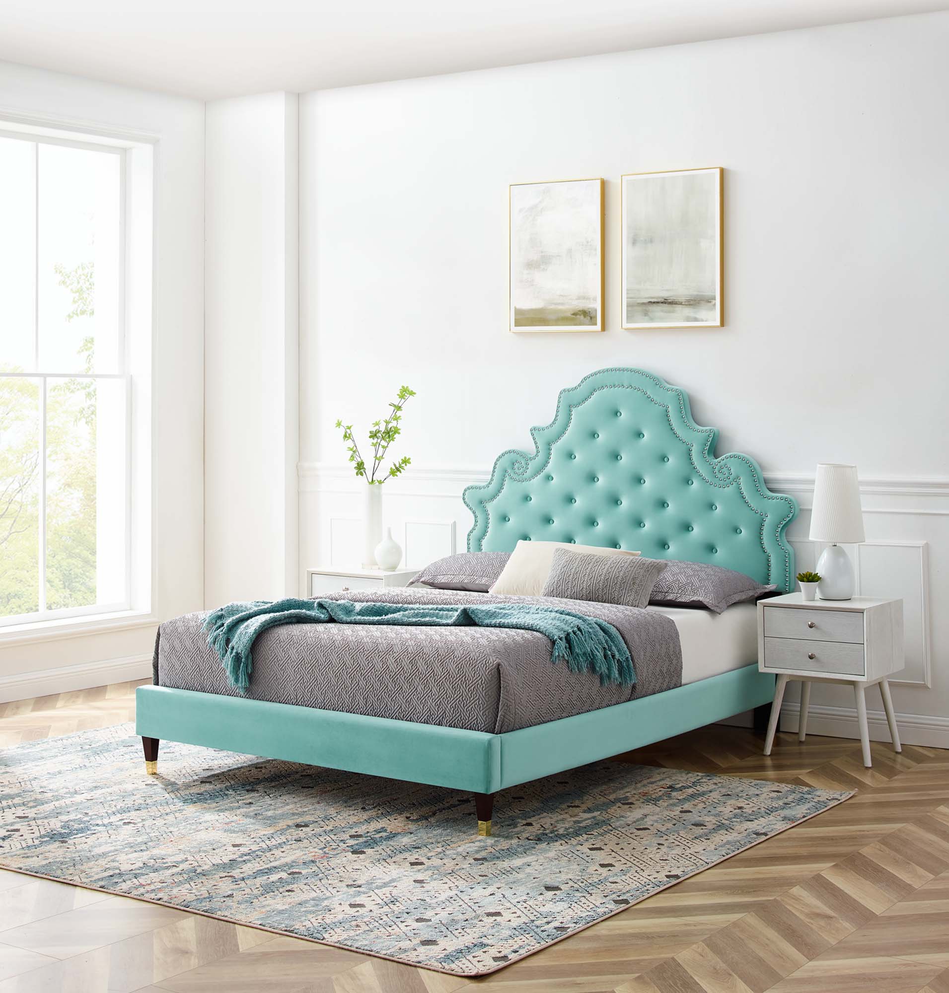 Penryn King Performance Velvet Platform Bed – White Tufted Upholstered with Gold Accents