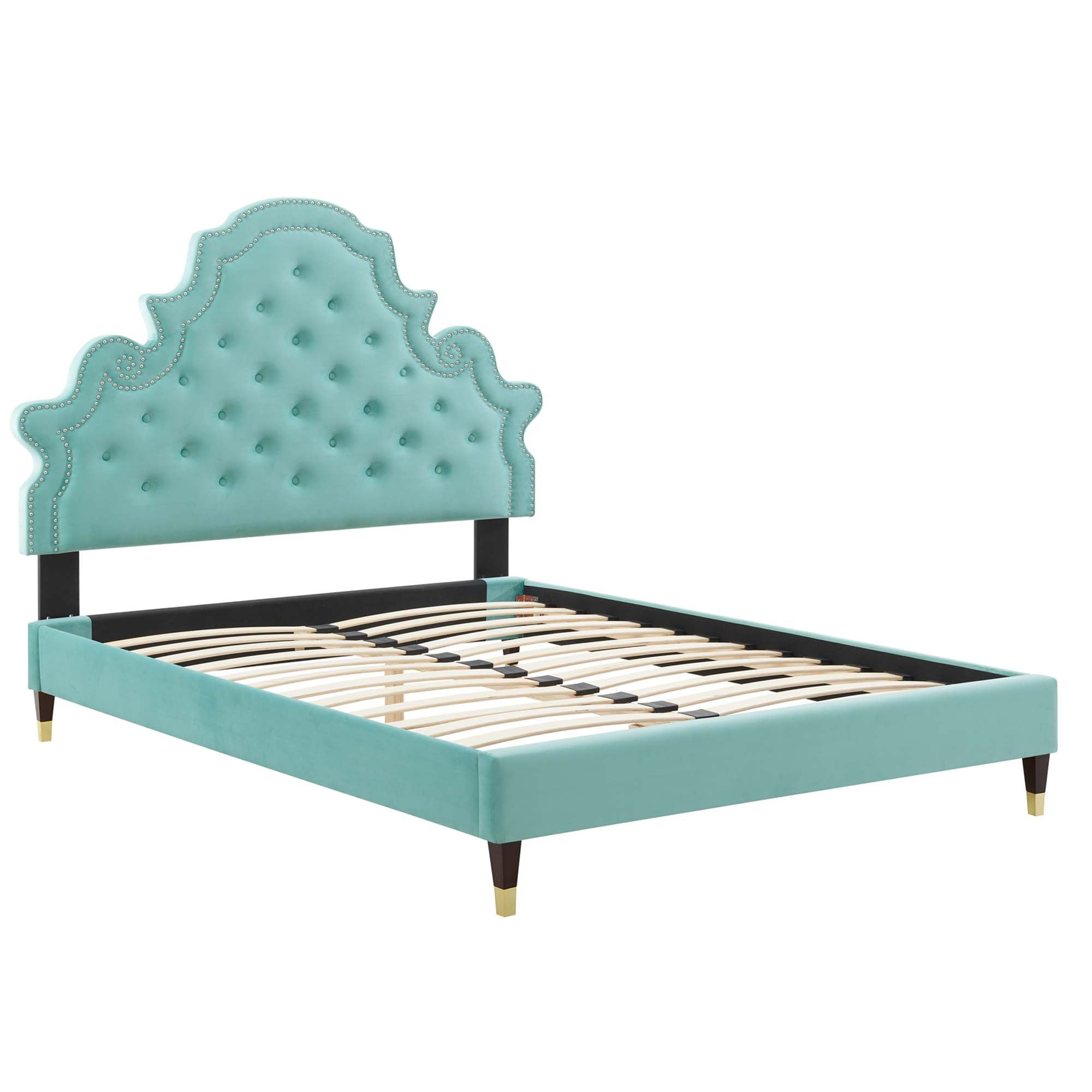 Penryn King Performance Velvet Platform Bed – White Tufted Upholstered with Gold Accents
