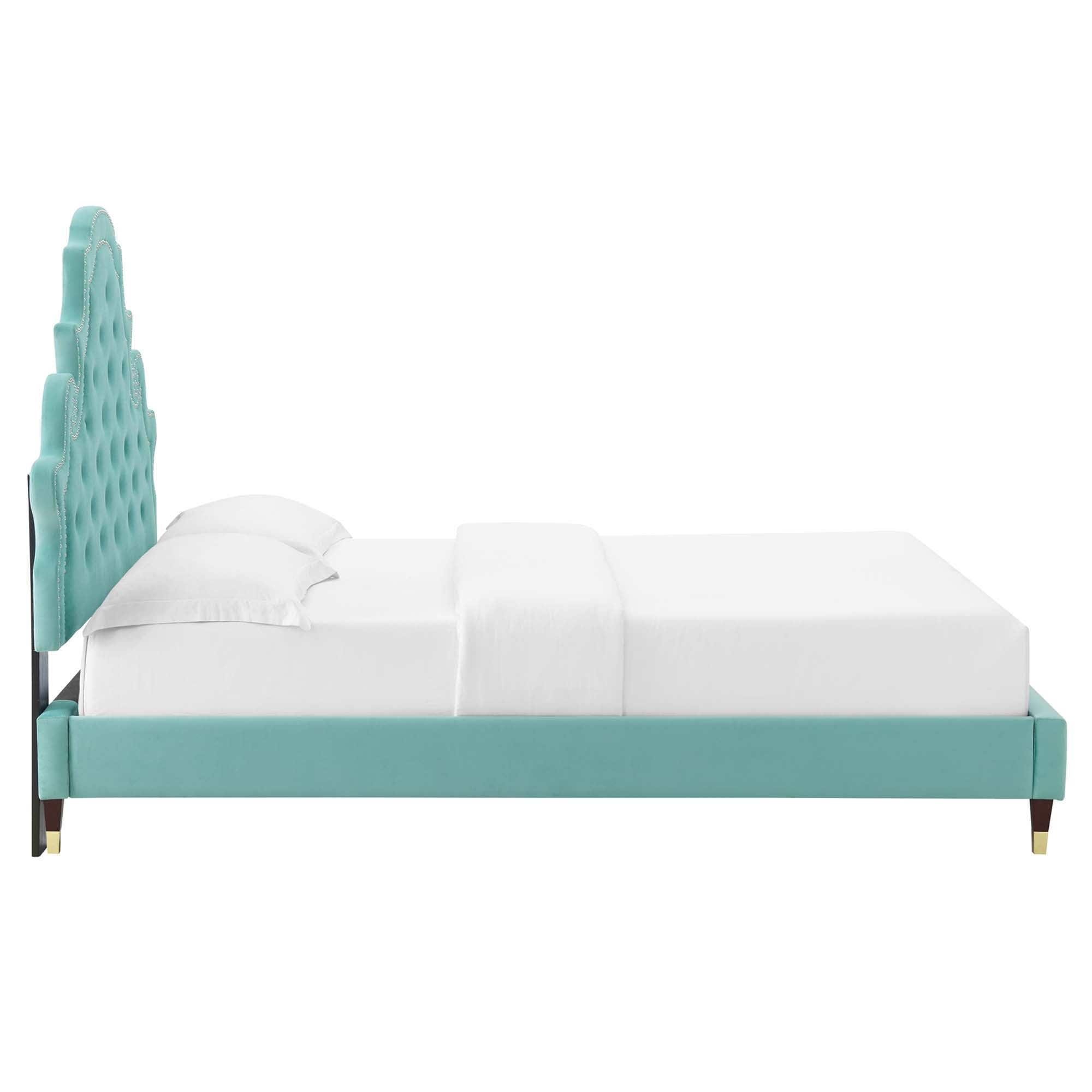 Penryn King Performance Velvet Platform Bed – White Tufted Upholstered with Gold Accents