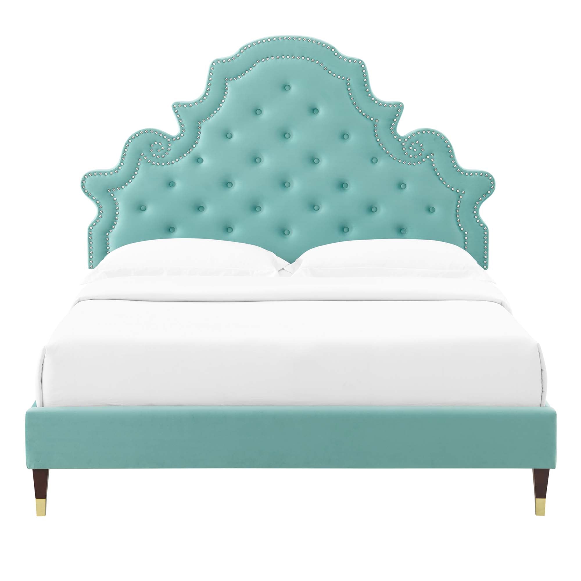 Penryn King Performance Velvet Platform Bed – White Tufted Upholstered with Gold Accents