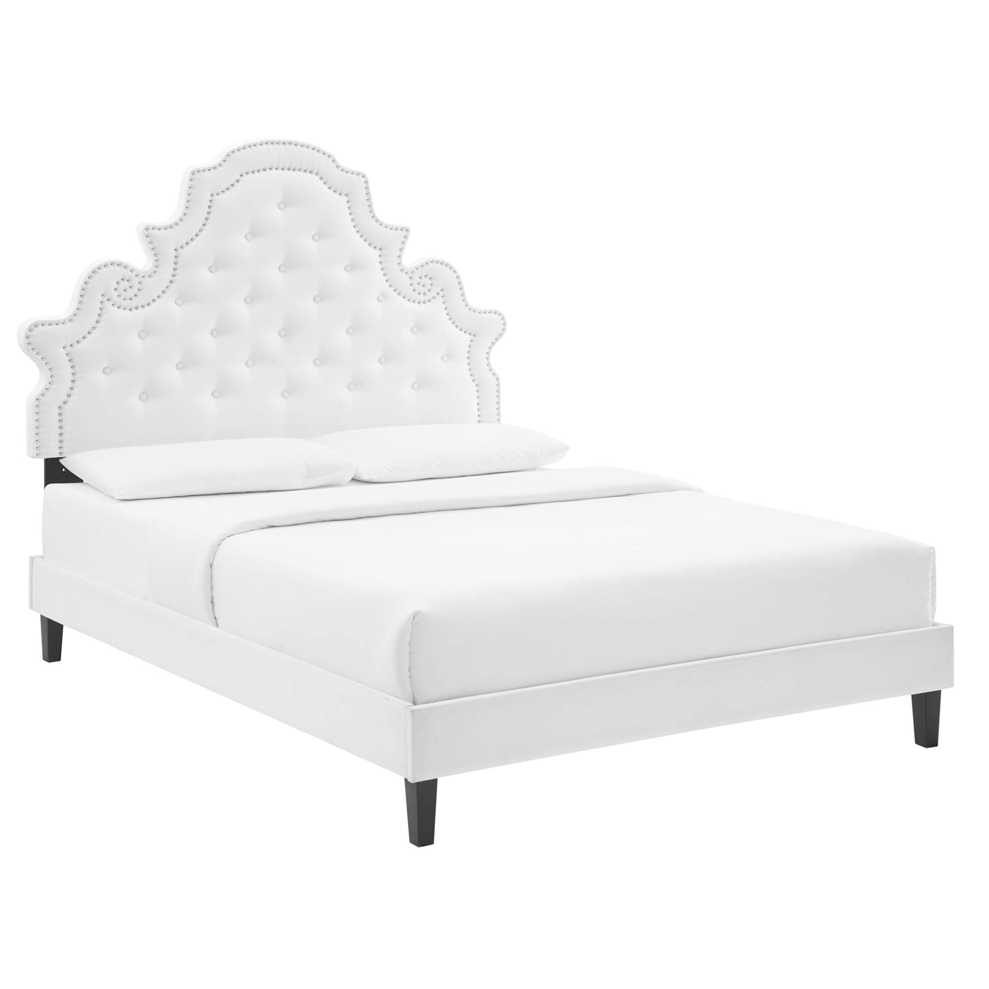 White Umbriel Tufted Queen Platform Bed Performance Velvet Upholstered Frame