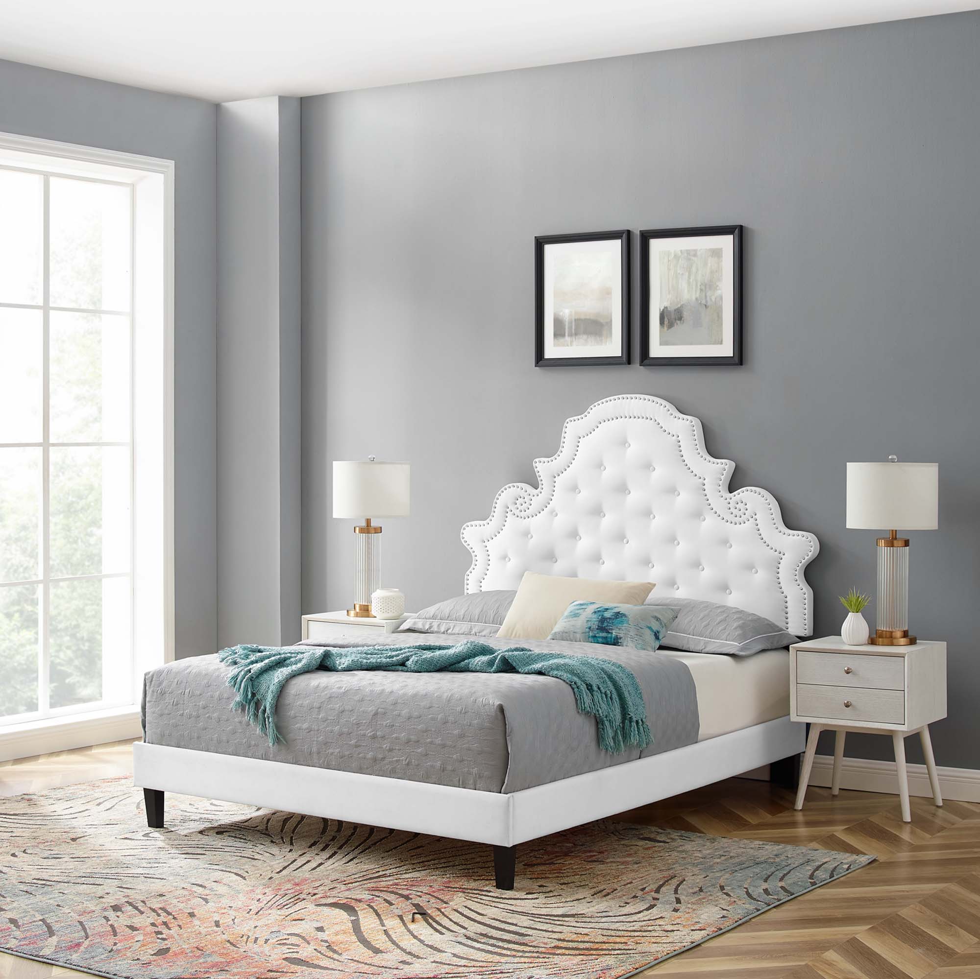 White Umbriel Tufted Queen Platform Bed – Performance Velvet Upholstered Frame