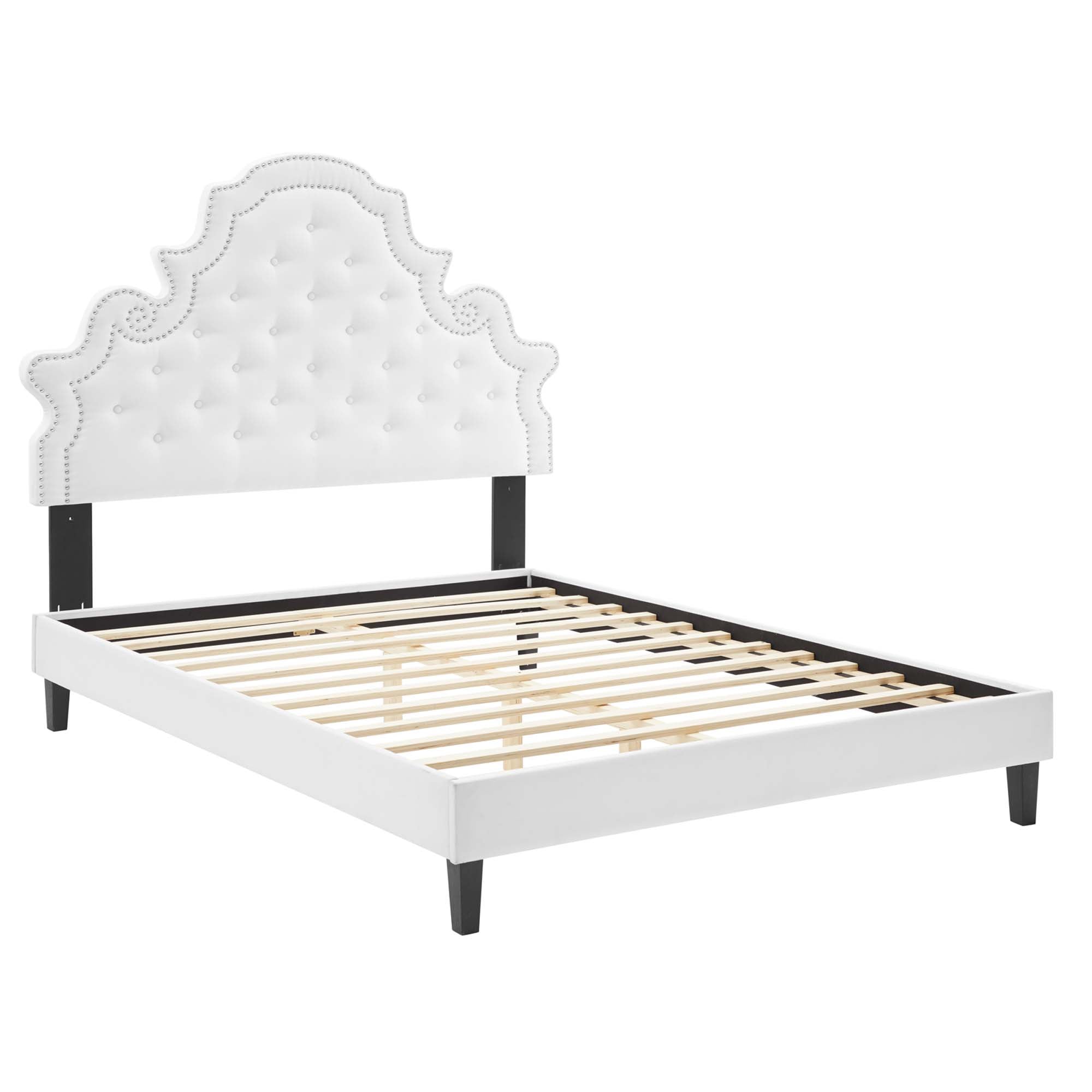White Umbriel Tufted Queen Platform Bed – Performance Velvet Upholstered Frame