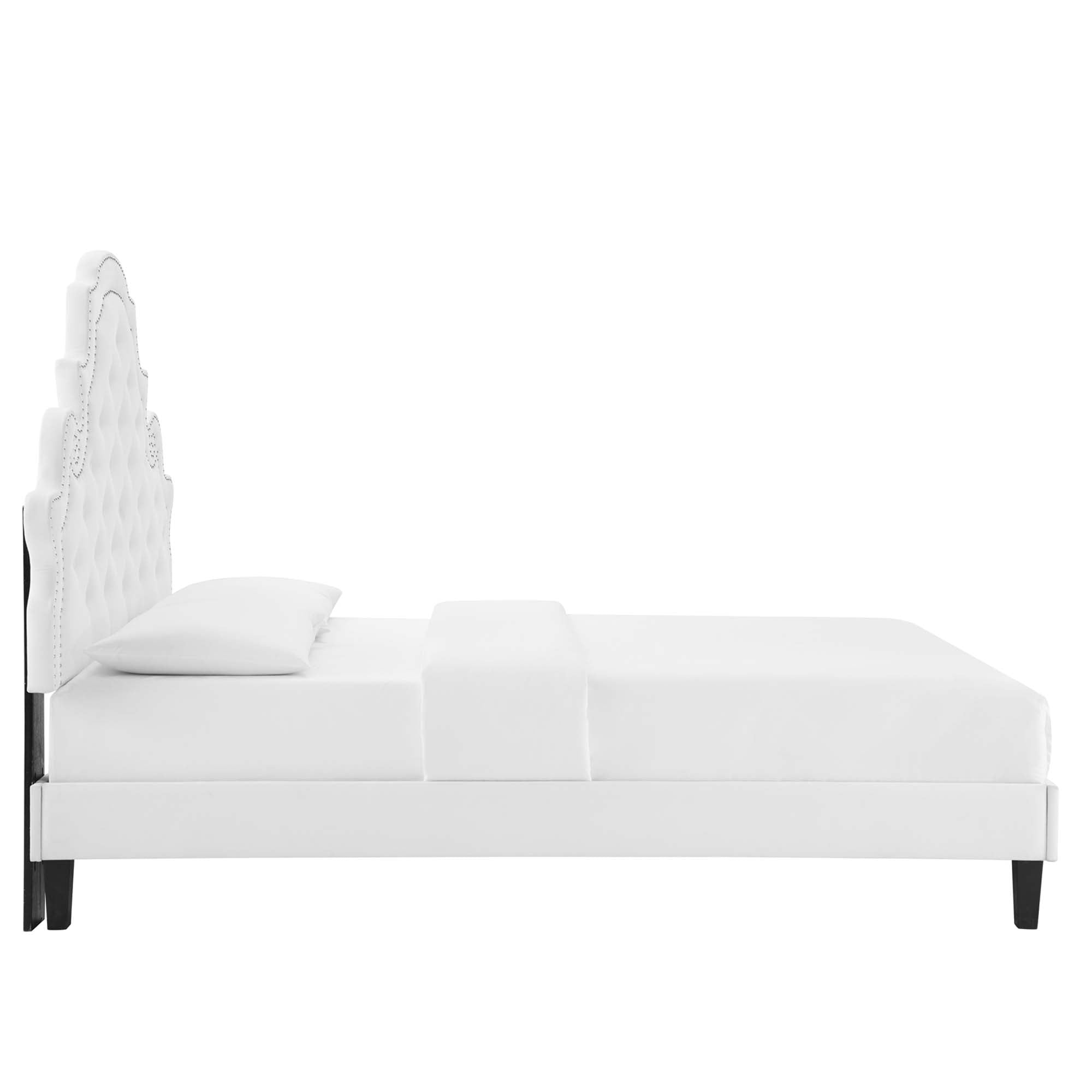 White Umbriel Tufted Queen Platform Bed – Performance Velvet Upholstered Frame