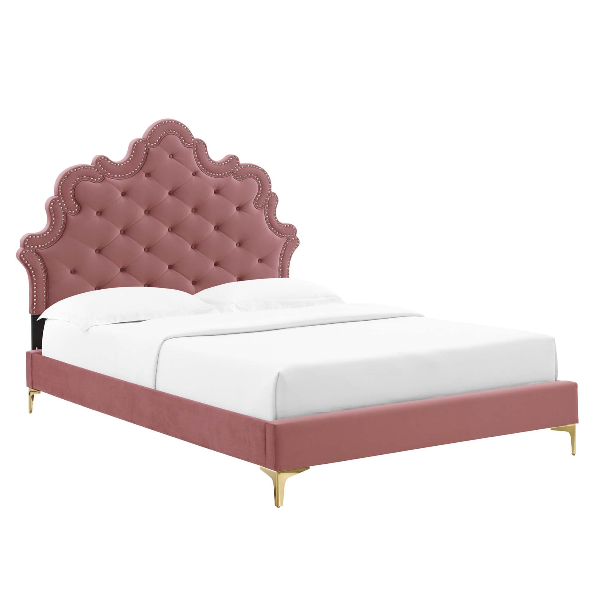 Harlis King Size Performance Velvet Platform Bed – Dusty Rose Tufted with Metal Legs