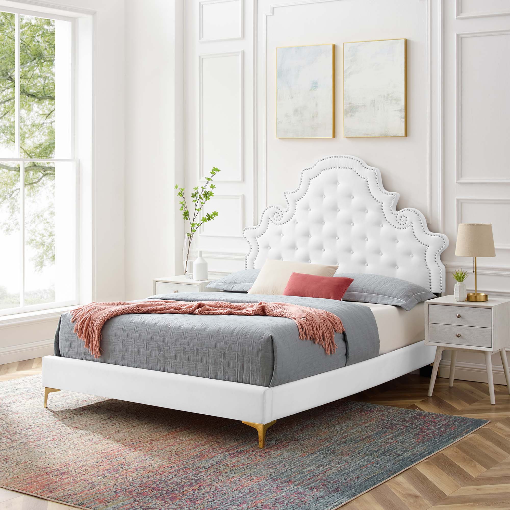 Harlis King Size Performance Velvet Platform Bed – Dusty Rose Tufted with Metal Legs