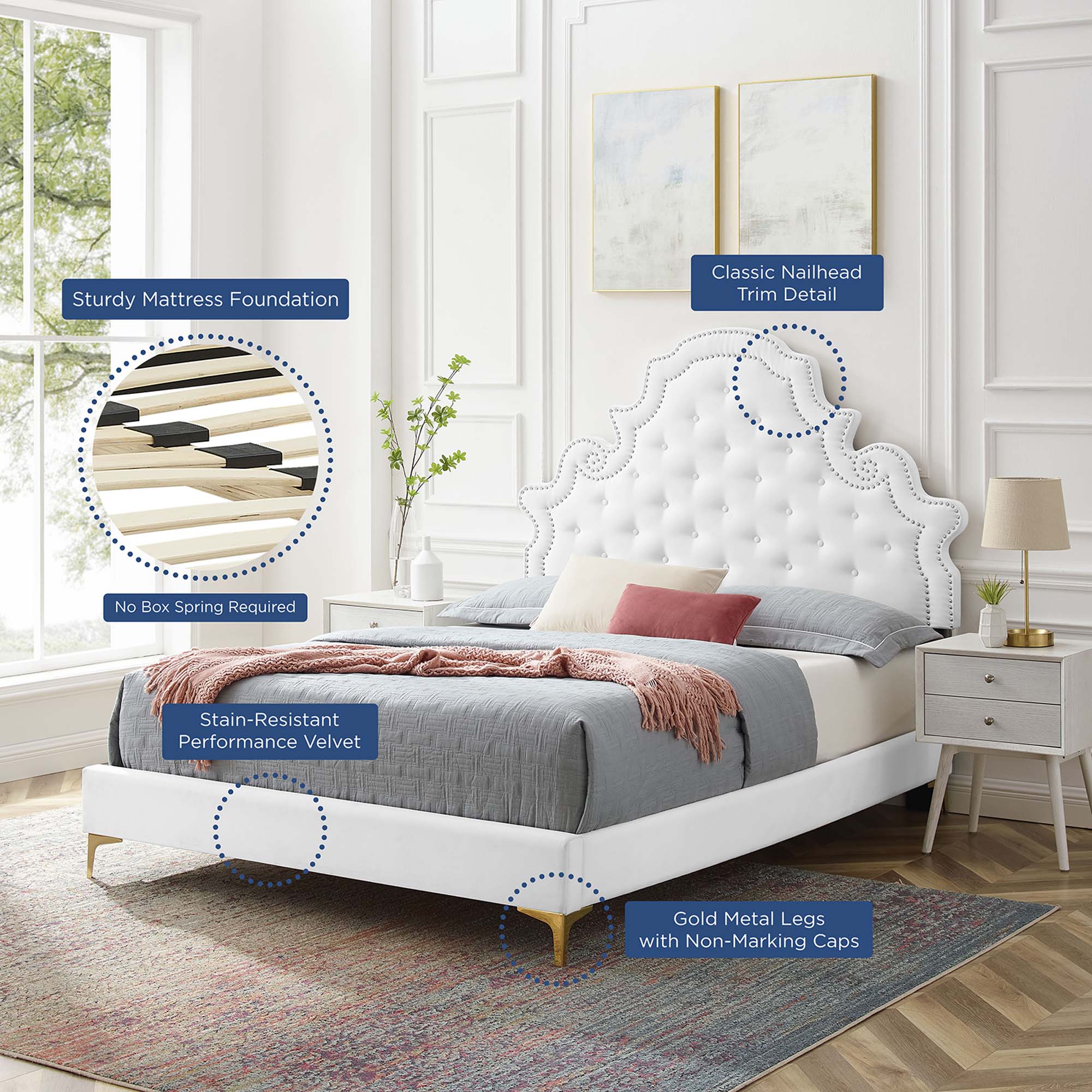 Harlis King Size Performance Velvet Platform Bed – Dusty Rose Tufted with Metal Legs