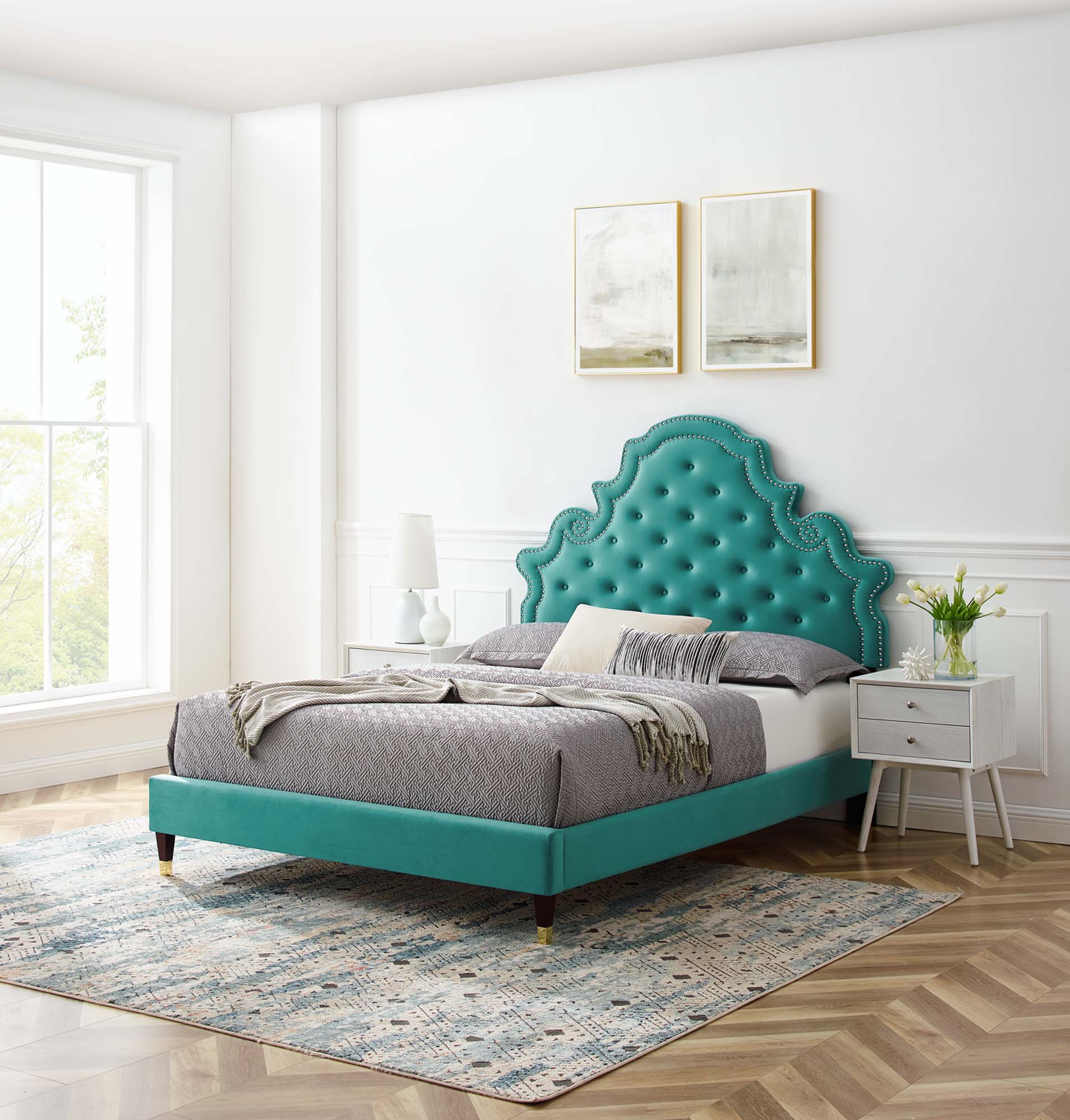 Twin Morlen Performance Velvet Tufted Platform Bed – Stain-Resistant Upholstered Headboard