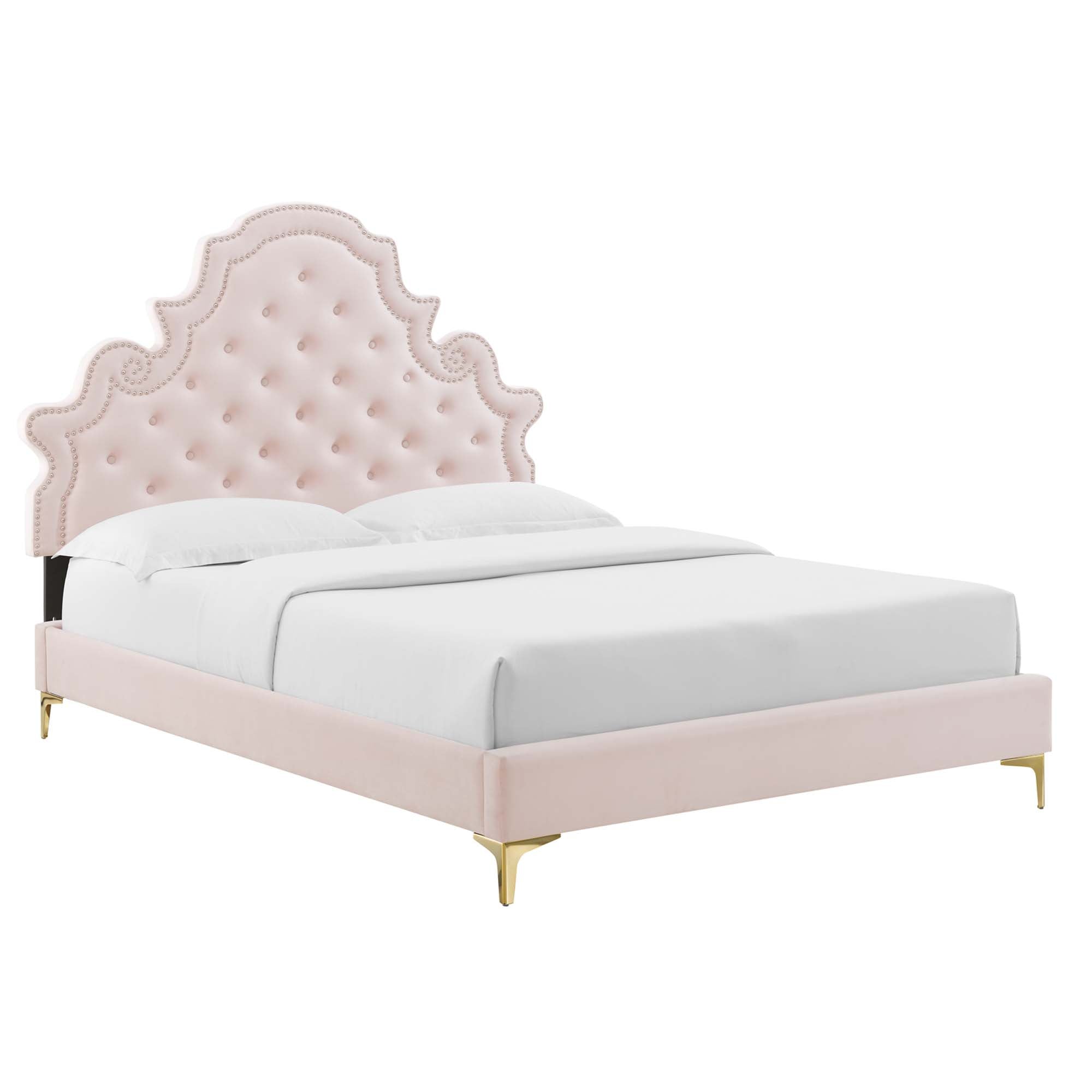 Larris Full Performance Velvet Platform Bed Pink Tufted with Gold Legs