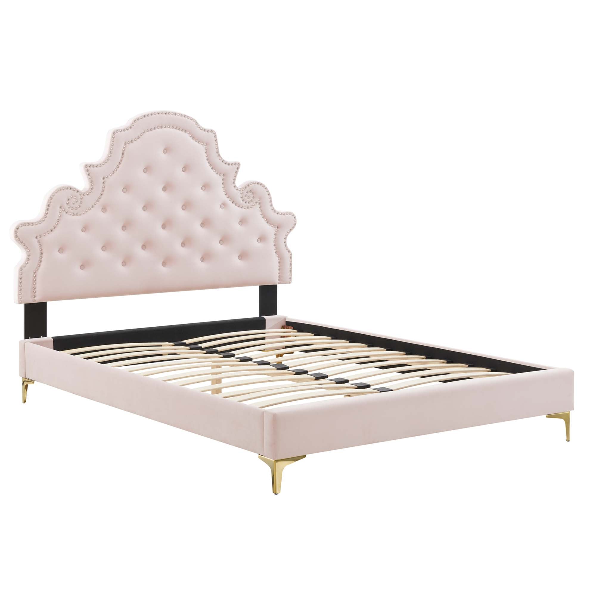 Larris Full Performance Velvet Platform Bed – Pink Tufted with Gold Legs