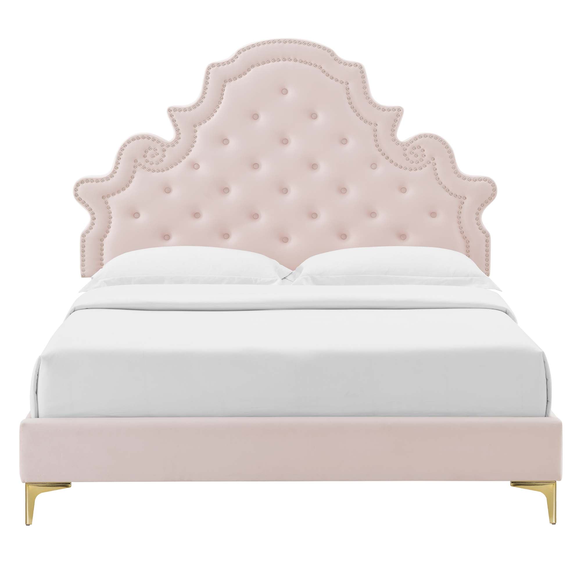Larris Full Performance Velvet Platform Bed – Pink Tufted with Gold Legs