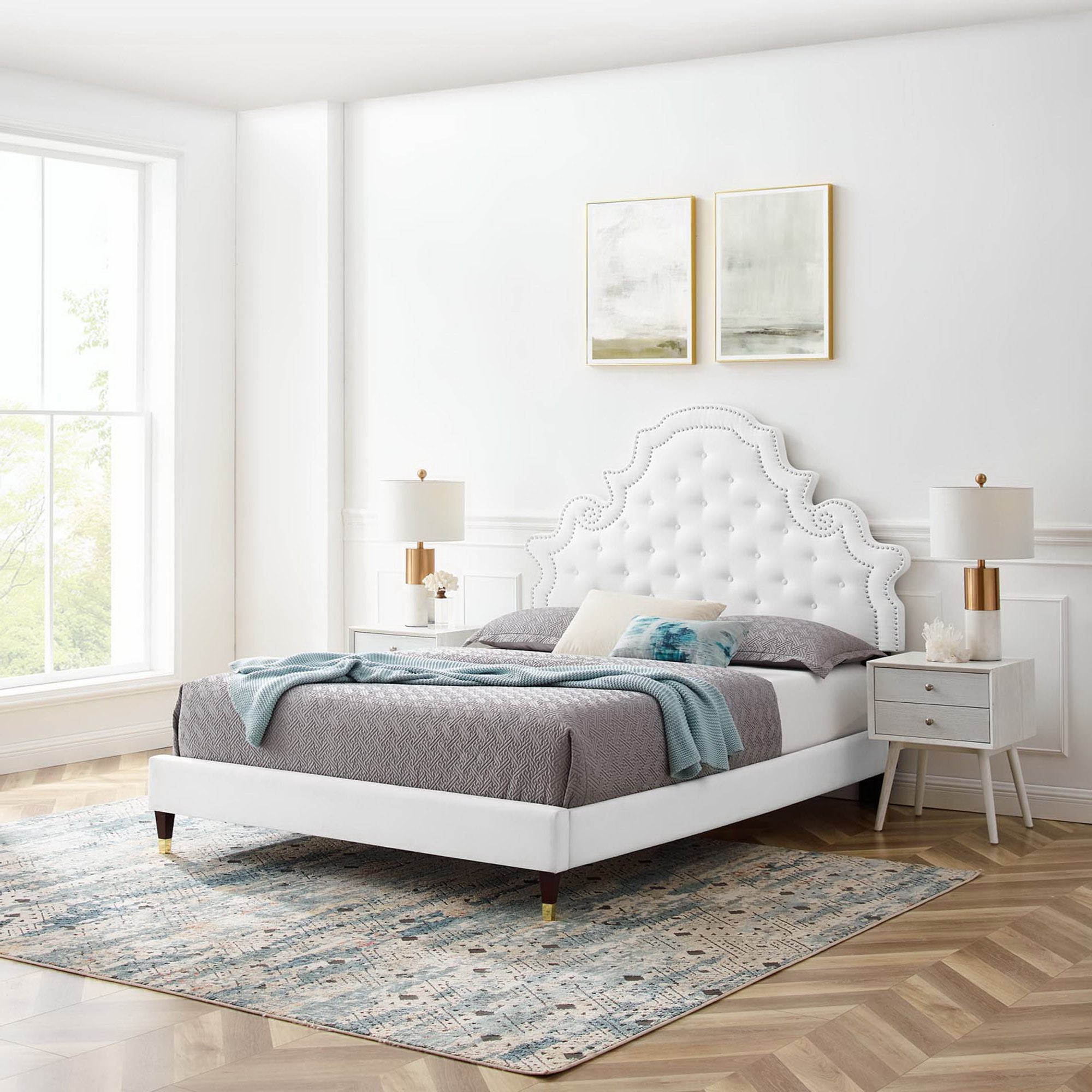 Quarren Full White Tufted Performance Velvet Platform Bed Button Tufted with Nailhead Trim