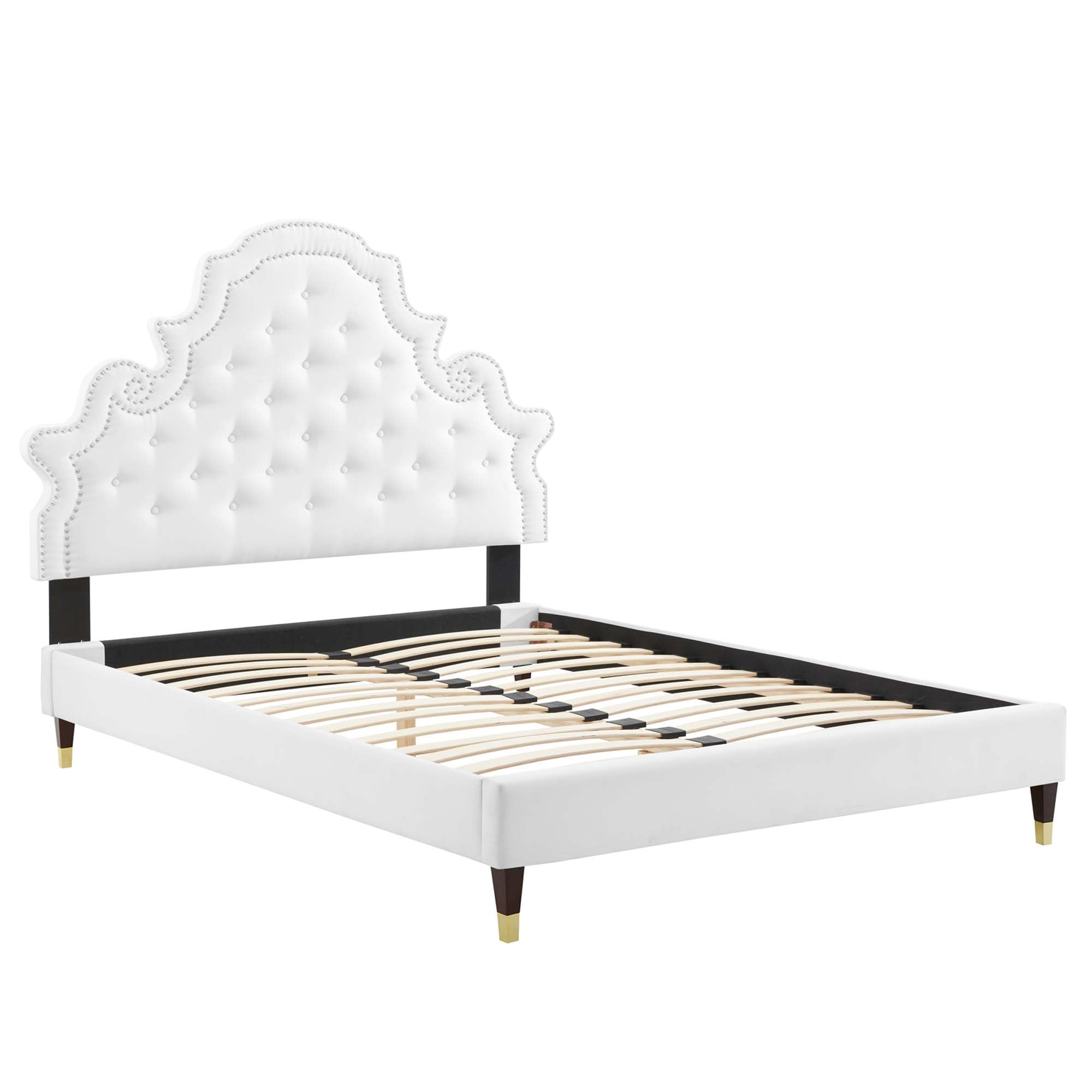 Quarren Full White Tufted Performance Velvet Platform Bed Button Tufted with Nailhead Trim