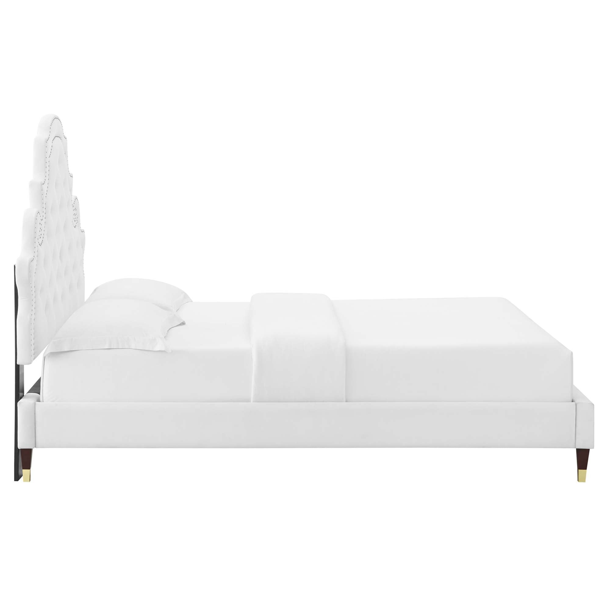 Quarren Full White Tufted Performance Velvet Platform Bed Button Tufted with Nailhead Trim