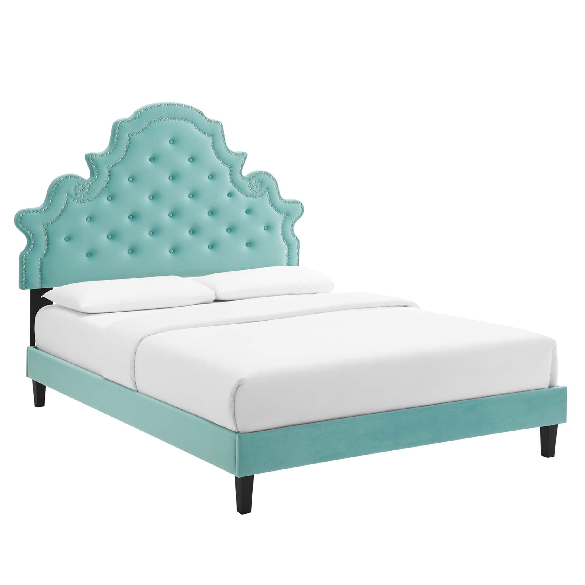 Pink Verrah Performance Velvet Full Platform Bed – Tufted Headboard with Wood Slats