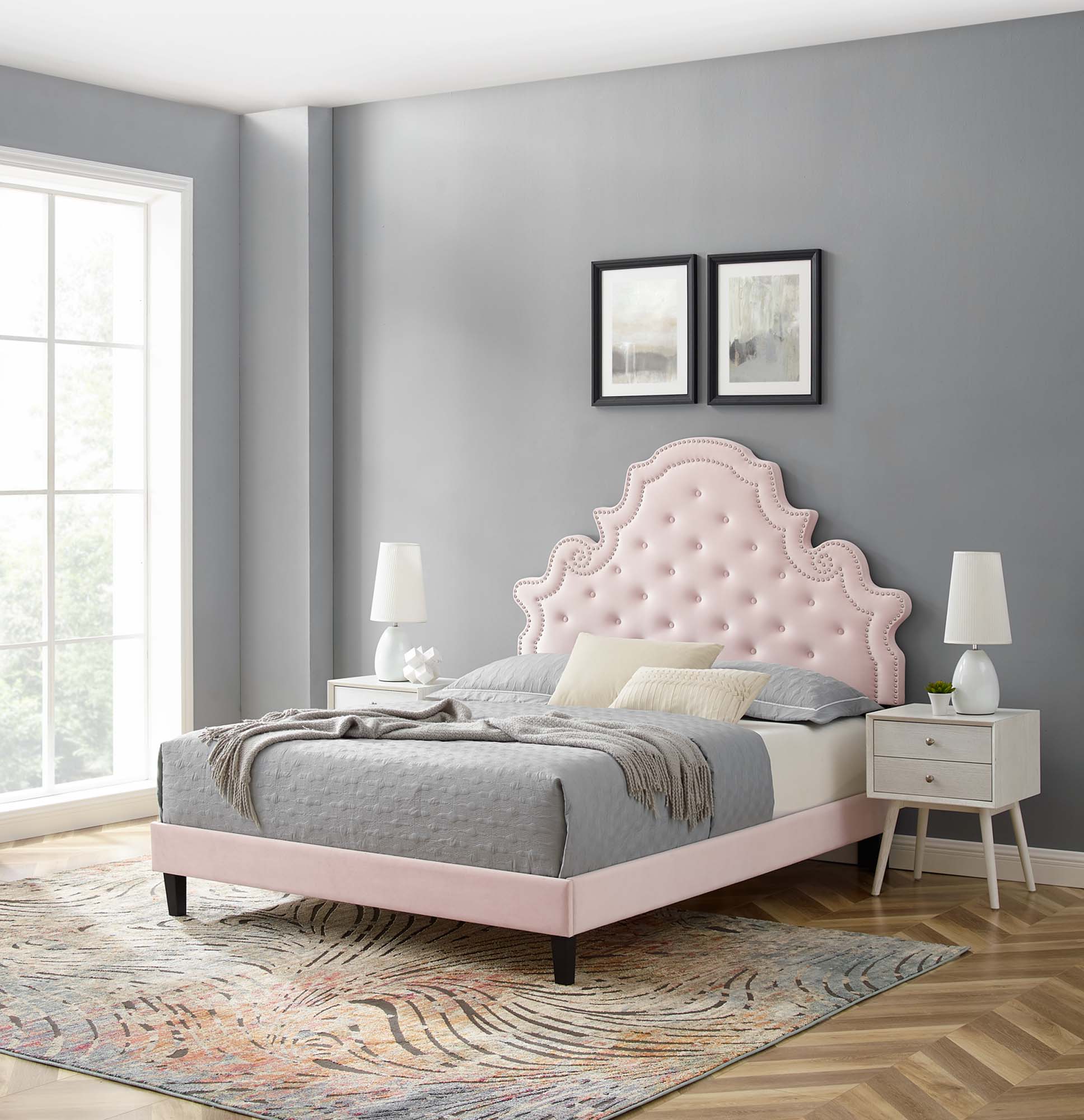 Pink Verrah Performance Velvet Full Platform Bed Tufted Headboard with Wood Slats