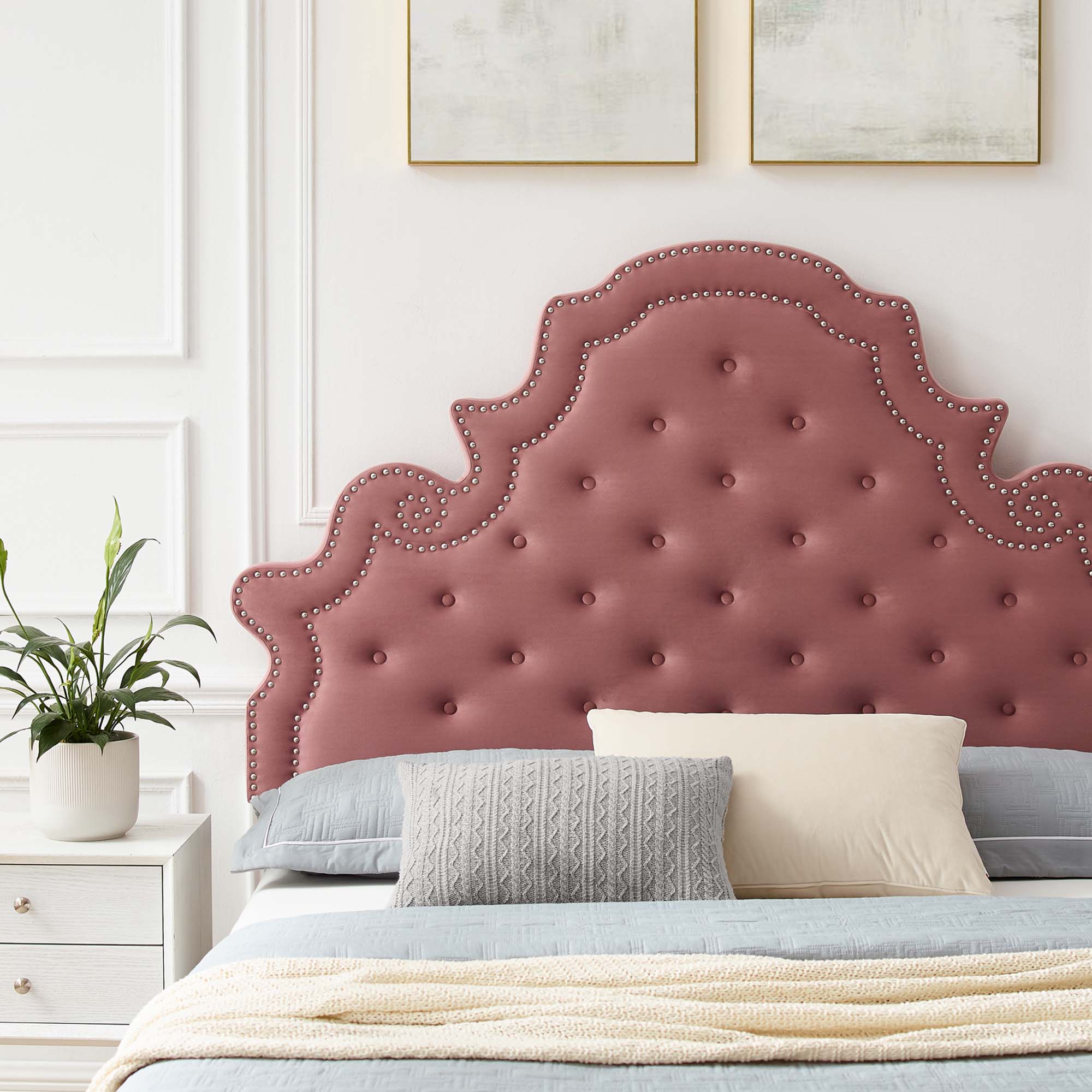 Iven King Tufted Platform Bed – Dusty Rose Performance Velvet with Nailhead Detail